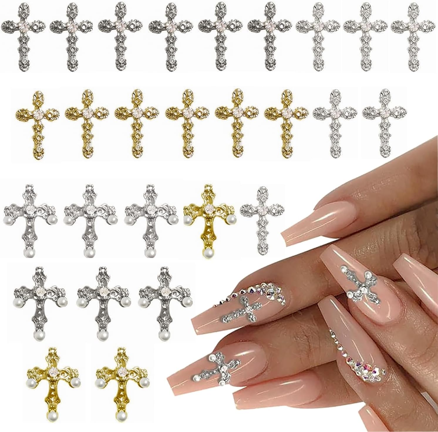 Pearl Cross Nail Charms - Silver Cross Nail Charms - Y2K Nail Cross Art Whit Pearl, 3D Metal Nail Cross Charms for DIY Designs Supplies image number 1