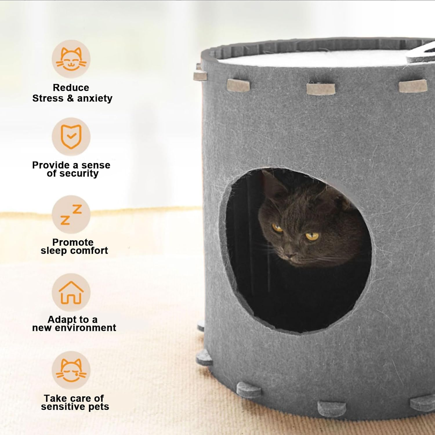 Cola Felt Cat Cave, 2 Levels, Felt Cat House, Cat Bed, Cat Cave for Cats, 42 X 41 X 41 Cm, Cat House for Rental, Cats for Sleeping, Hiding and Romping (Grey) image number 3