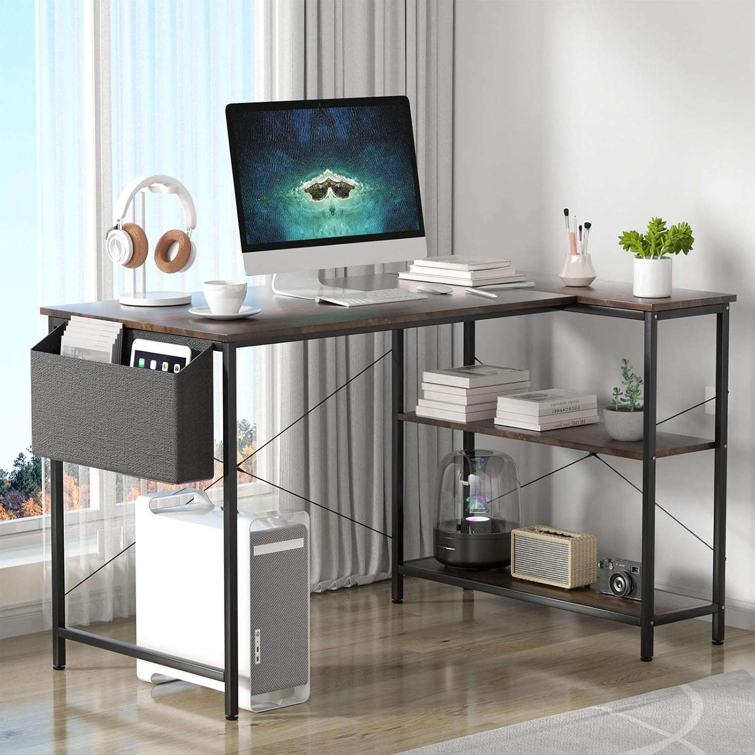 Levede Corner Desk with Storage Shelves, Industrial L-Shaped Gaming Computer Desk with Side Bags for Small Space, Modern Simple Writing Table for Home Office Desk(100Cm X 80Cm X 75Cm, Brown) image number 3