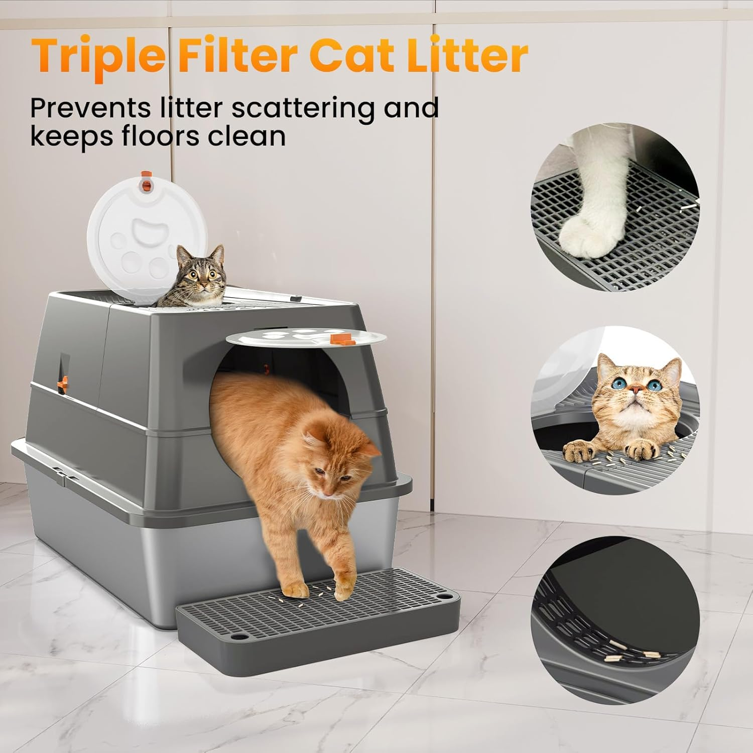 Extra Large Stainless Steel Litter Box with Lid 60L X 40W X 39H CM Cat Litter Tray with Quick Clean Flip-Top Enclosed Cat Litter Box with Litter Scoop Footboard and Mat Non-Sticky Odor-Resistant image number 4