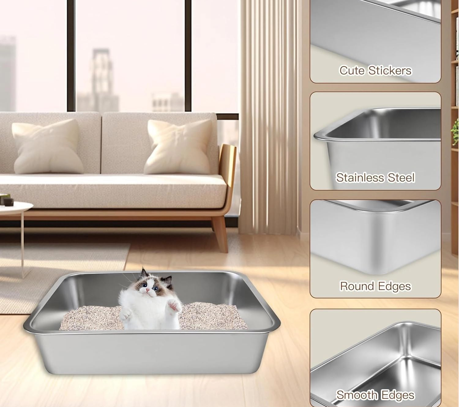 Stainless Steel Cat Litter Box, 50L X 35W X 15H CM for Kitty Large or Small Cat, Animals Potty Toilet, Non-Sticky, Easy to Clean, Anti-Urine Leakage image number 6
