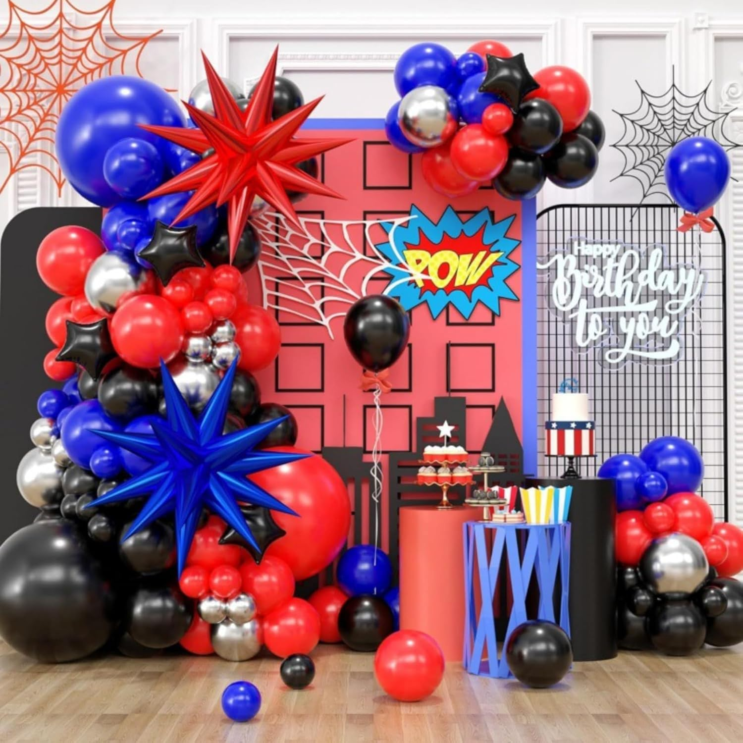 107PCS Blue Red Black Balloon Garland Arch Kit with Large Explosion Star Foil Balloons for Spider Comics Theme Boy Birthday Party Man Superhero Inspired Decorations (A) image number 4