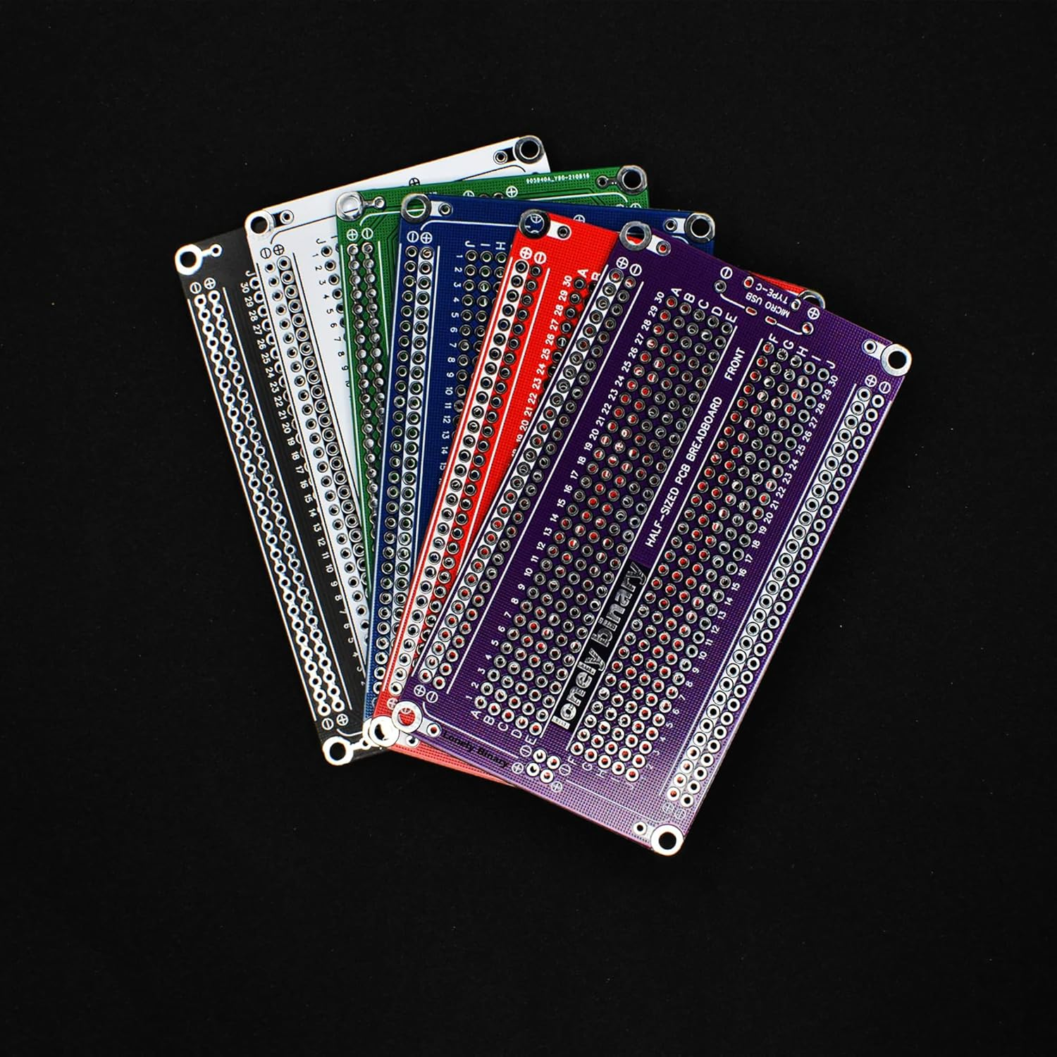Lonely Binary 6-Pack Prototype PCB Half-Size Breadboards &ndash; Assorted Colors with Type-C & Micro USB Ports, Solderable Power Boards for Arduino, Raspberry Pi, ESP32, and DIY Projects image number 3