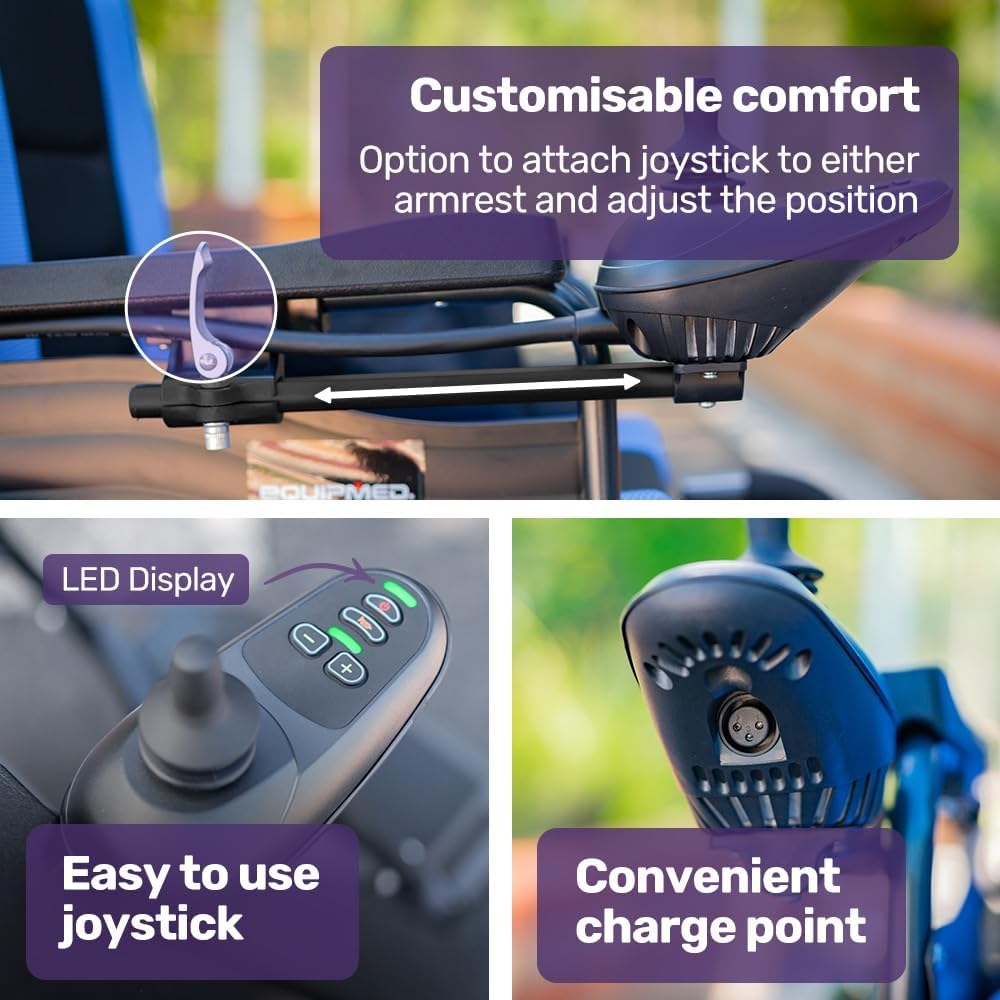 "Equipmed Electric Wheelchair Folding, Long Range, Airline Approved, Lithium Battery, 24"" Light Rear Wheels, Matte Black/Blue" image number 6