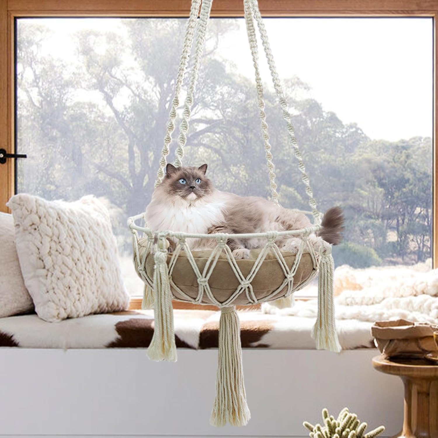 NCONCO Hand Knitted Hanging Cat Hammock Macrame Cat Hanging Bed Cat Basket Bed for Indoor and Outdoor Playing, Sleeping, Climbing (White)