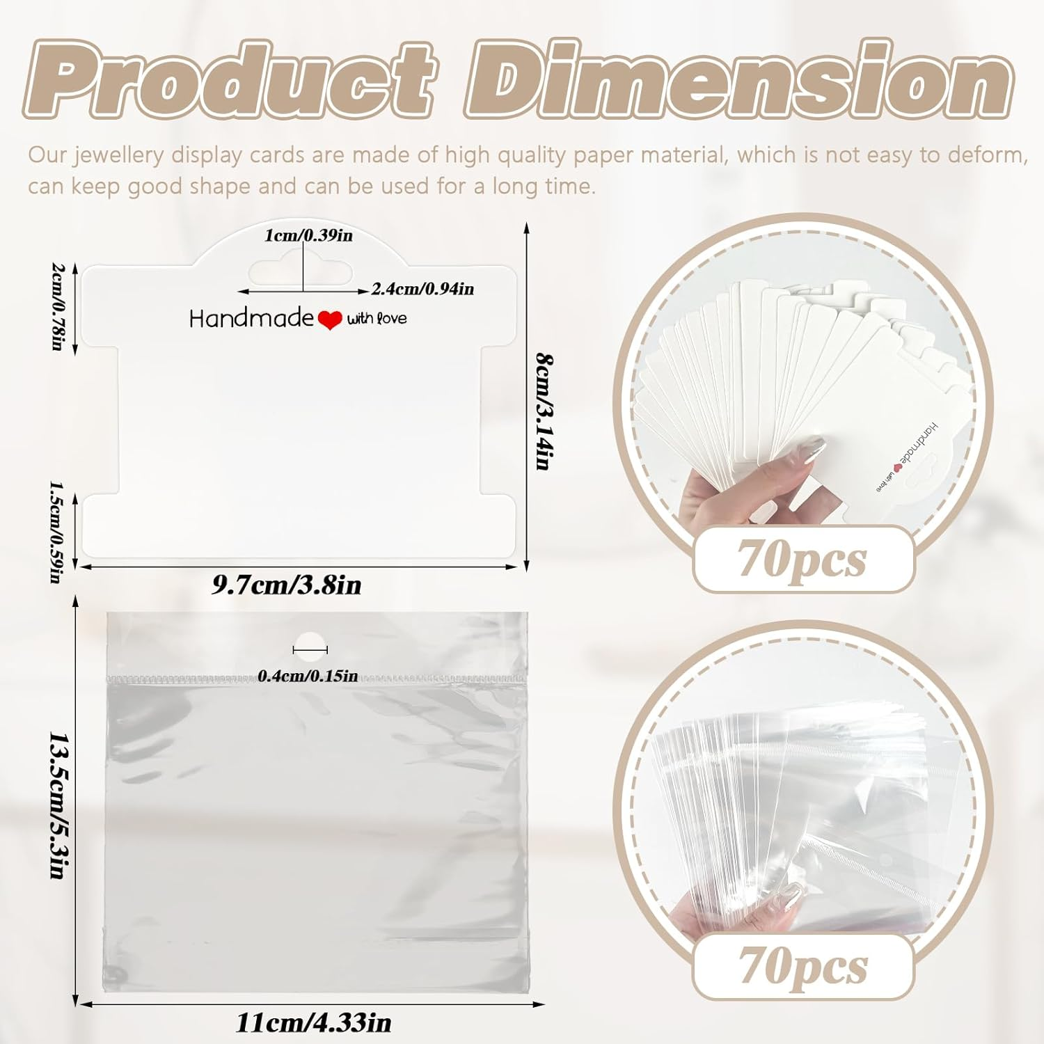 Sekonow 70 Set Bracelet Packaging for Small Business, Bracelet Display Cards with Clear Bags Handmade with Love Hanging Bracelet Business Supplies for Selling Bracelet Jewelry, White - Brown image number 4