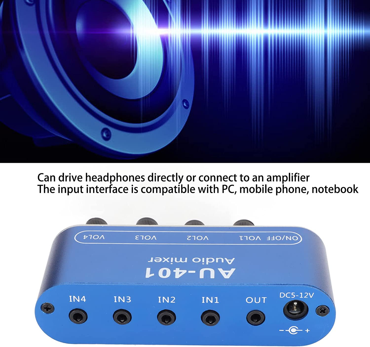 SOULONG Stereo Mixer, Durable Aluminum Alloy Shell, Mixer Stereo Sound, Splitter with Bass and Treble Control, Efficient Power Usage, Compatible with Various Devices, 4 in 1 Out image number 2