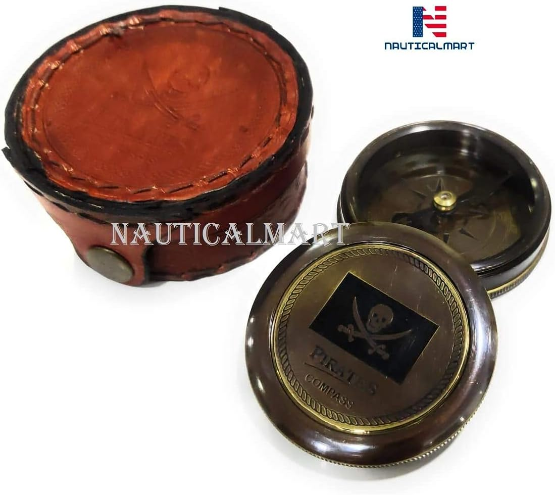 NAUTICALMART Pirates of Caribbean Jack Sparrow 2" Pocket Antique Brass Compass W/Beautiful Leather Case Engraved Gifts Directional Pirate Hiking Travel Camping Compass image number 3