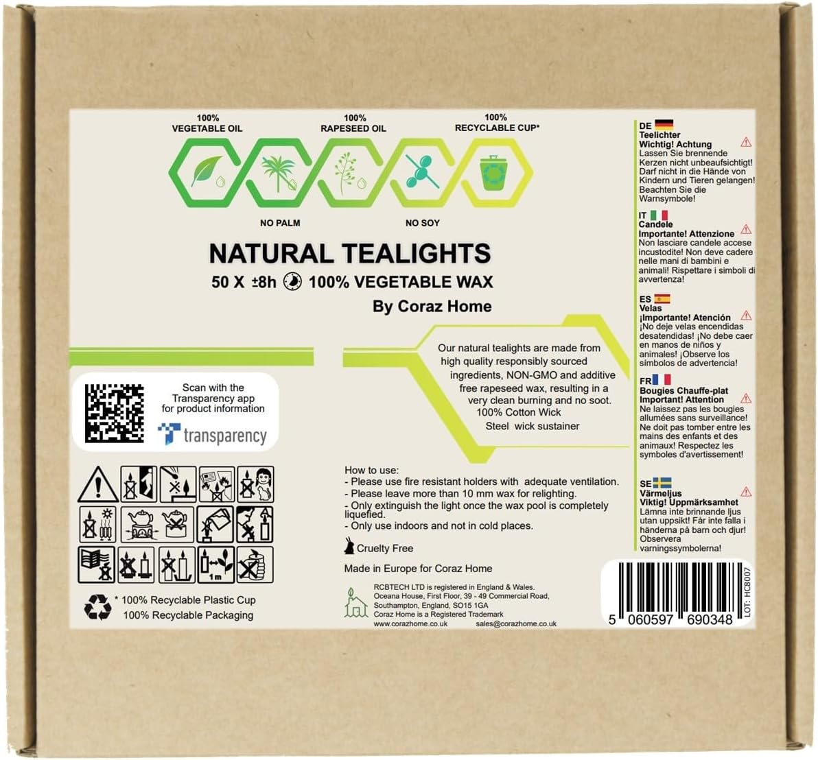 Natural Unscented Tealights 100% Rapeseed Wax Paraffin-Free Candles in Recyclable Clear Cup Natural Wax Tea Lights image number 5