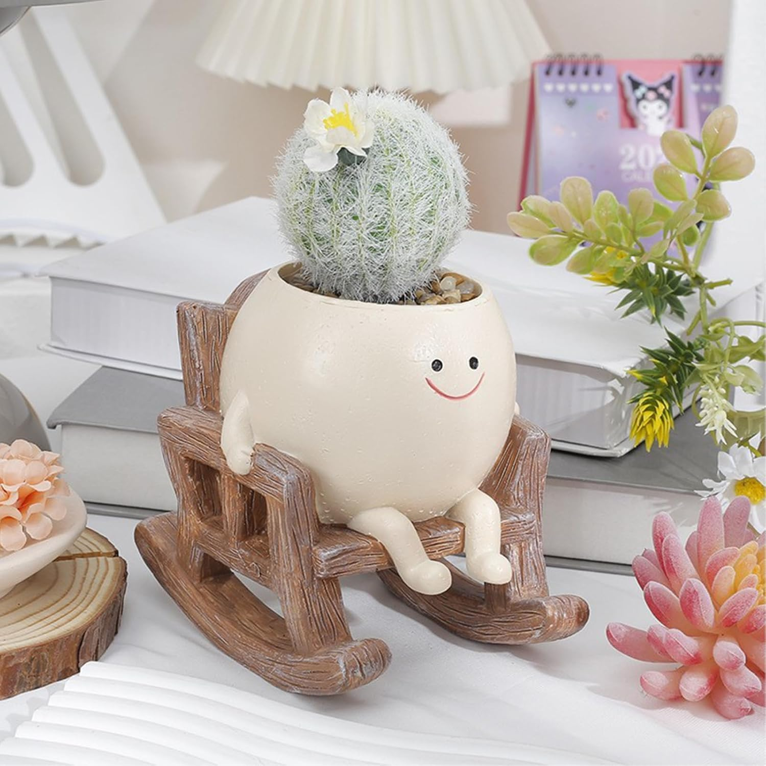 Ladiz Smily Face Planter Pot, Cute Resin Head Flower Pots for Indoor Outdoor Plants Unique Sit Rocking Chair Succulent Pots, Gift Ideai for Mother'S Day, Birthday, Christmas with Drainage Hole image number 3