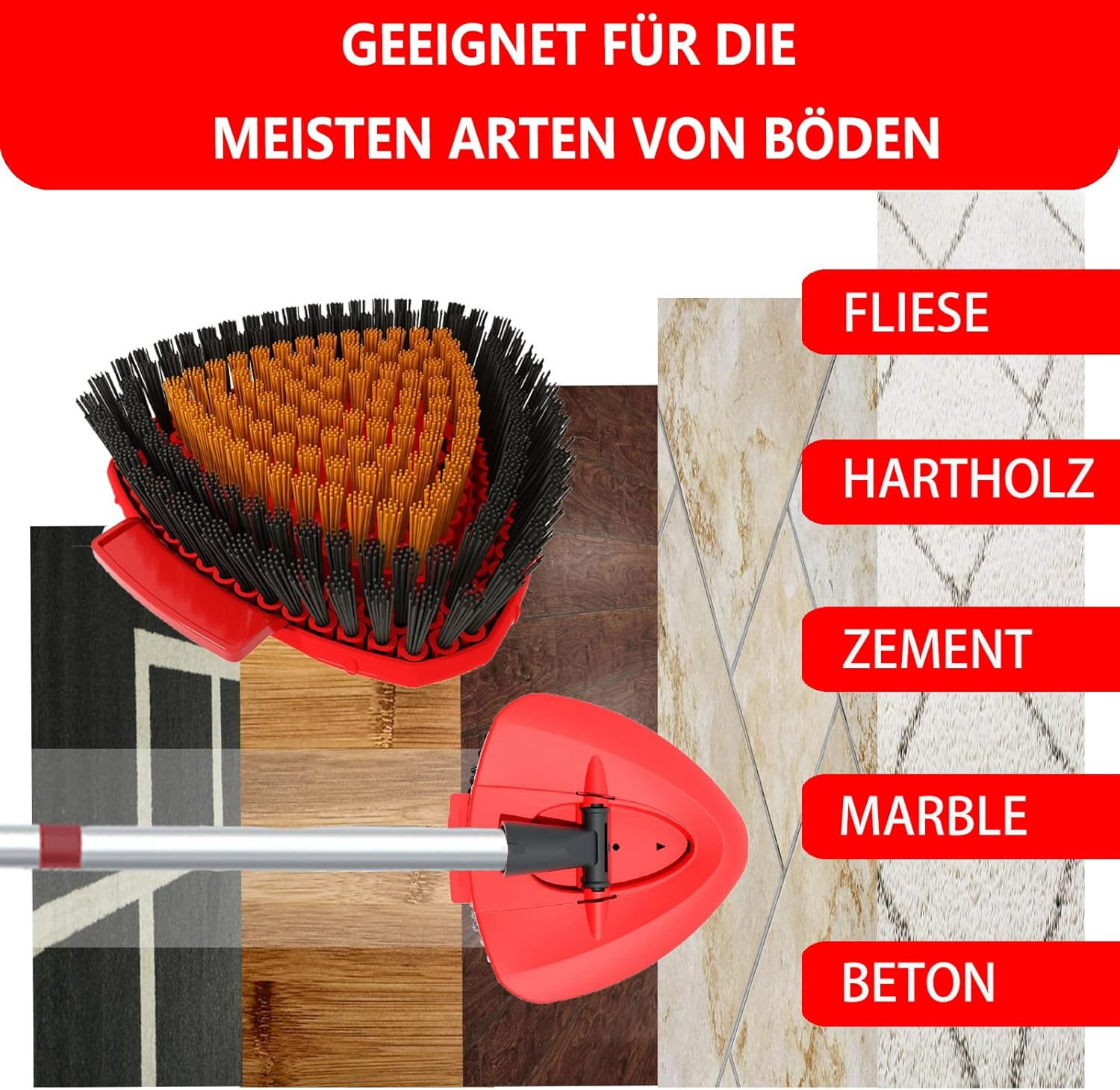 Spin Mop Scrubbing Brush Replacement Head and Base Compatible with Vileda Turbo Mop and Floor Scrubbing Brush Triangle Hard Bristles Cleaning Brush for Bathroom Kitchen Pool Garage Patio (Red-1 Pack) image number 2