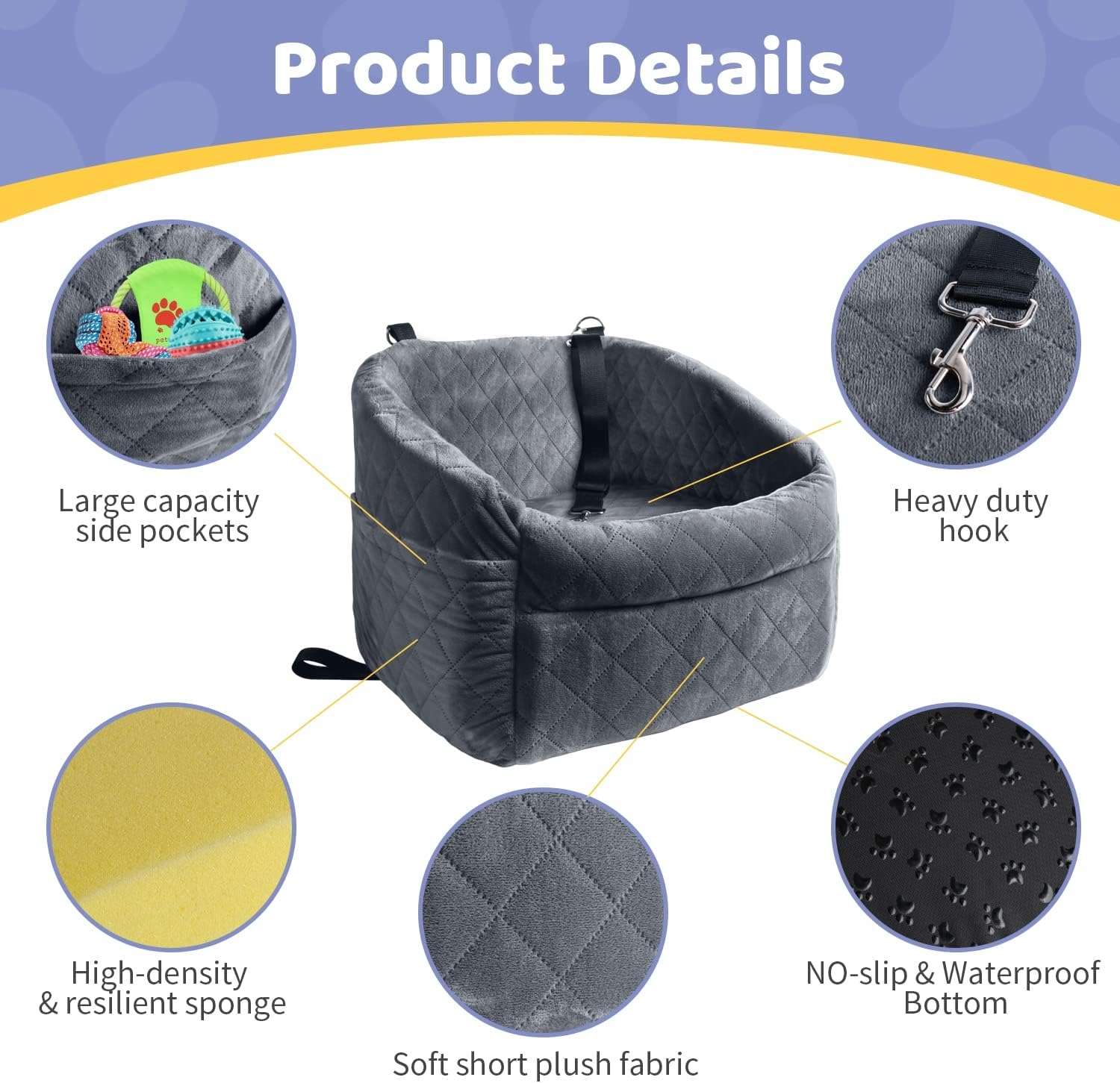 Dog Car Seat for Small/Medium Dogs, Upgrade Dog Booster Seat,Detachable and Washable Pet Car Seats with Thick Cushion Safety Leash and Storage Pockets(Brown) image number 2