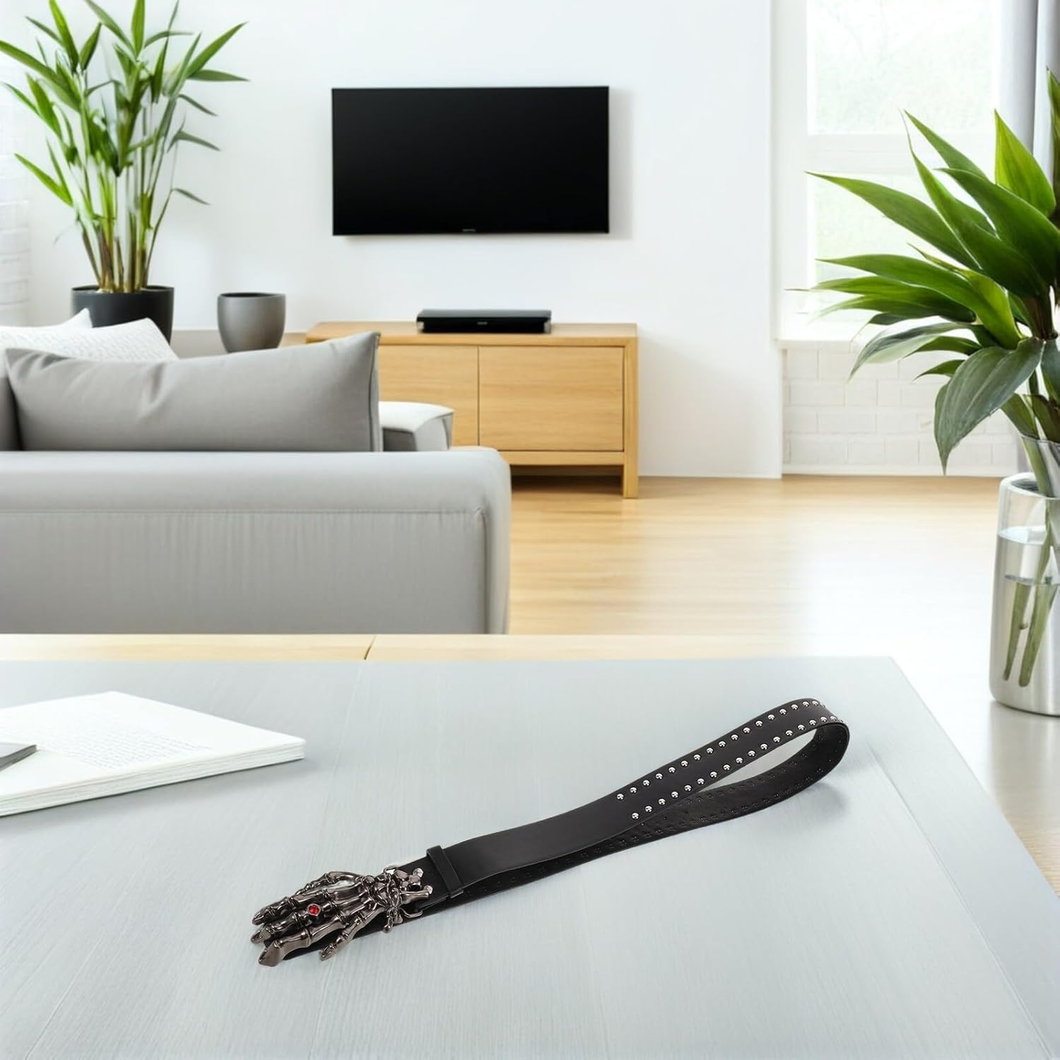 GLSTOY Black Studded PU Leather Belt with Skull Buckle Unisex Punk Rock Rivet Waistband for Women Men Adjustable Faux Leather Skeleton Waist Belt for Costume and Nightlife image number 1