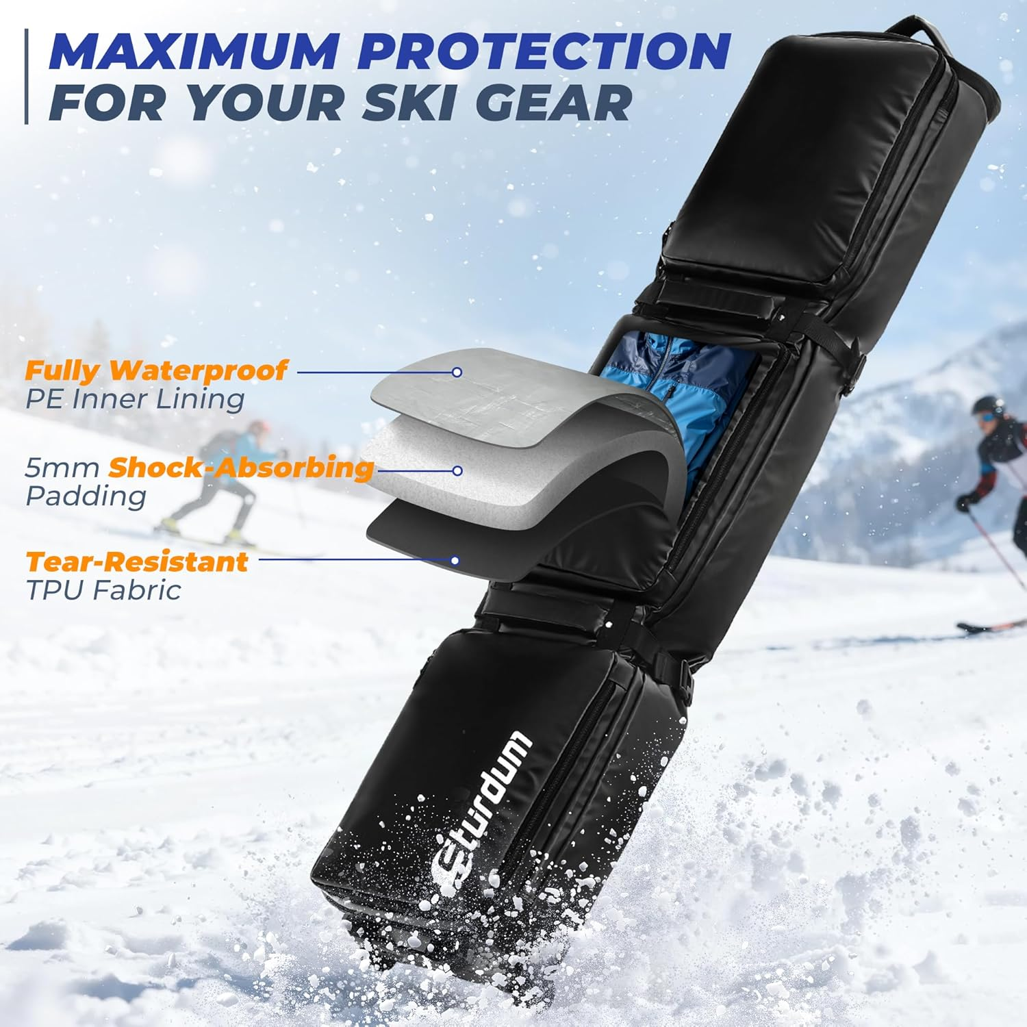 Sturdum Ski Bag with Wheels, Rolling Snowboard Bag for Air Travel, Extendable 155-185CM Wheeled Ski Bag All-Round Padded Protection, for Snowboard, Double Skis, Boots, Helmet, Ski Gear image number 3