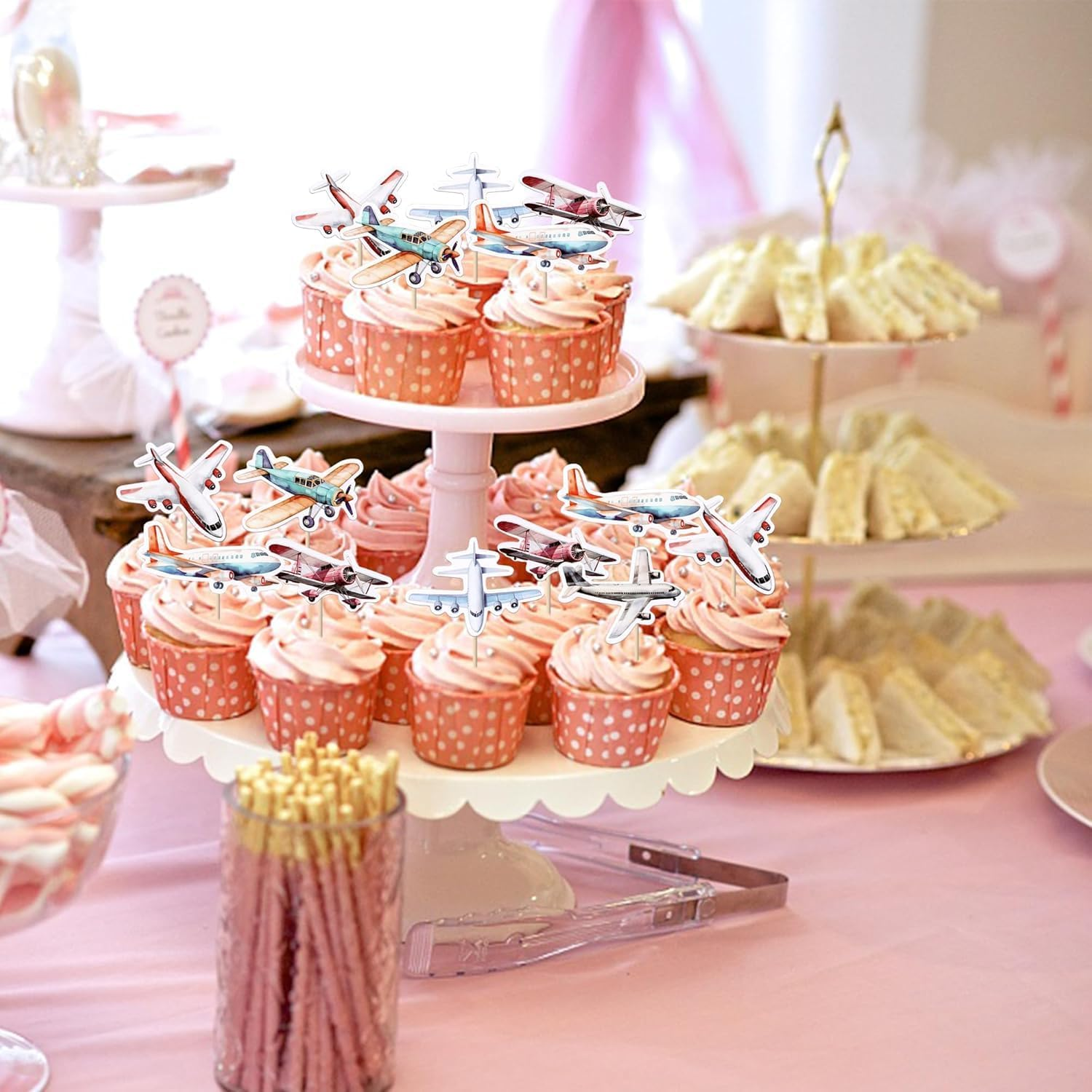 36 Pack Airplane Cupcake Toppers Glitter Plane Cupcake Picks for Baby Shower Aviation Fighter Theme Birthday Party Cake Decorations Supplies (Color-01) image number 5