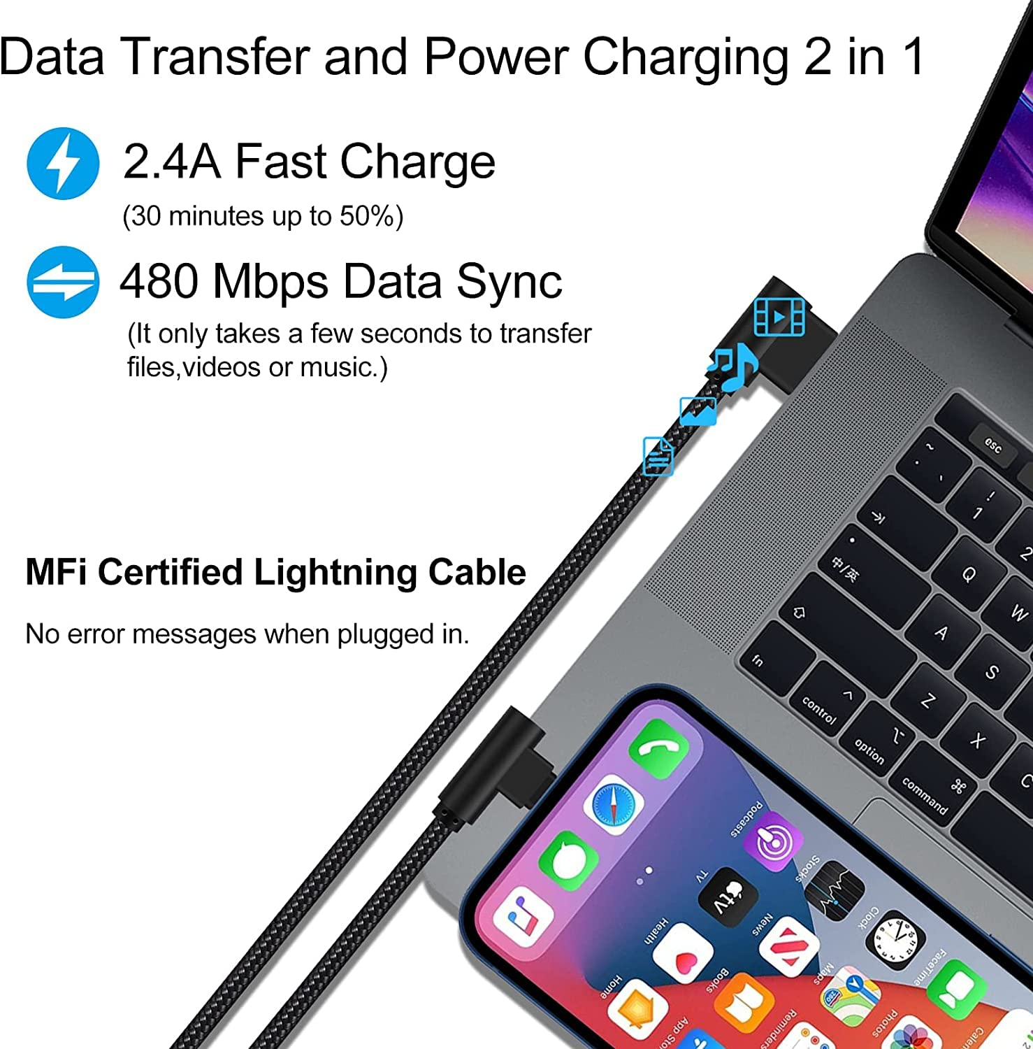 Osecet Iphone Charger 1Ft 90 Degree 2 Pack Mfi Certified Elbow Short Lightning Cable Right Angle Fast Charging Cord for Iphone 14 13 12 11 Pro X XS XR 8 plus 7 6 5 (Black,1 Foot) image number 5