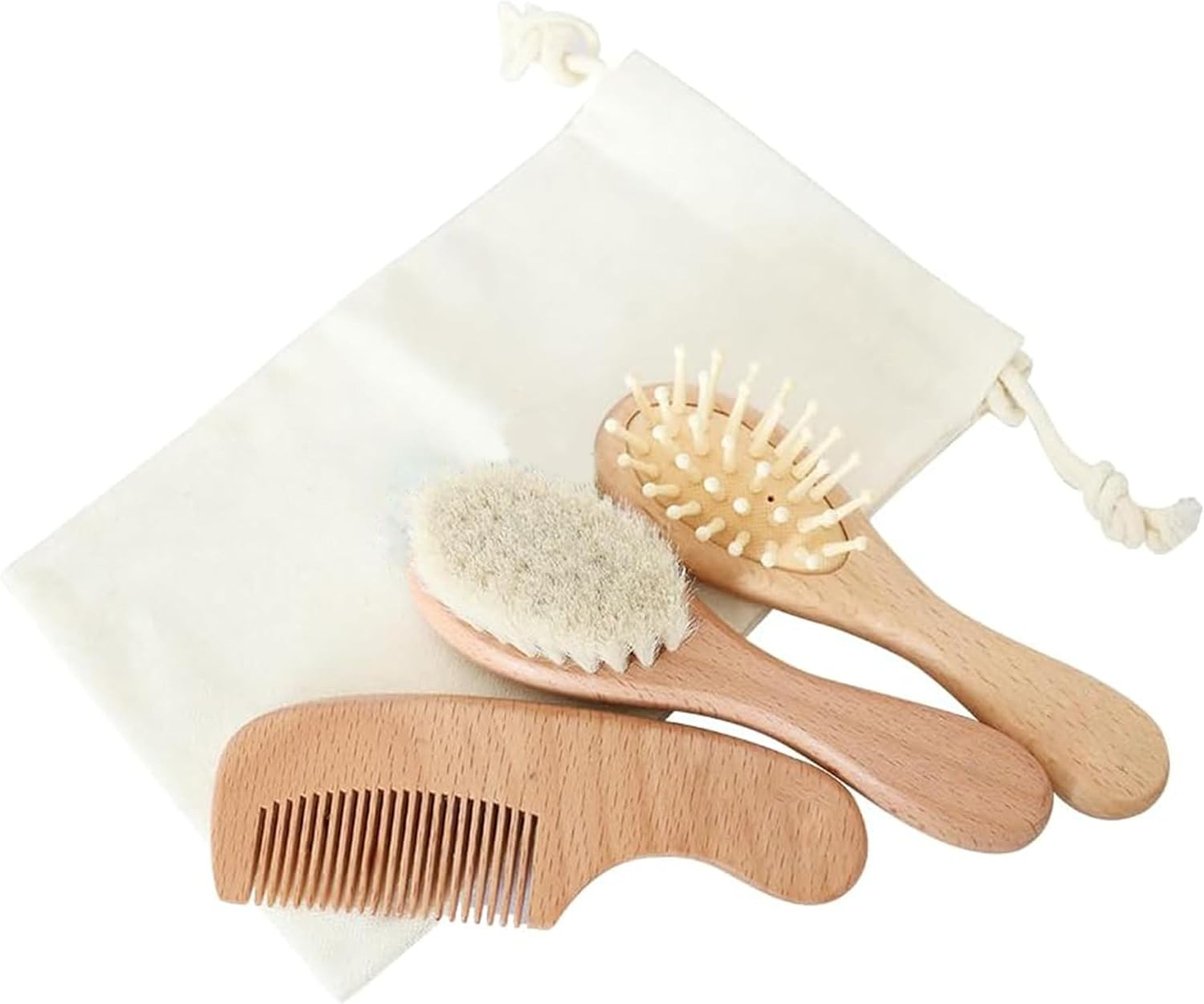 Natural Wooden Baby Grooming Set, 3-Piece with Goat Hair Brush, Comb and Storage Bag image number 2