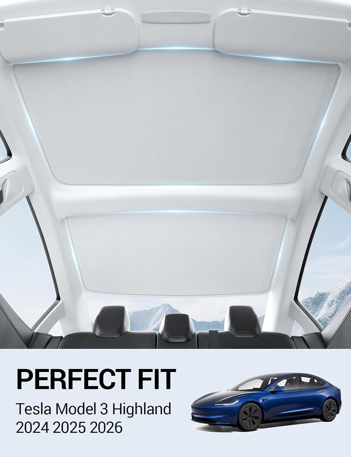 Motrobe 2025 2024 Tesla Model 3 Sunshade Roof [Never Sag, No Gaps] Glass Roof Sun Shade [Ice-Crystal Coatings] Sun Protection Heat Insulation Foldable Sunroof Covers Model 3 Highland Accessories Gray image number 3