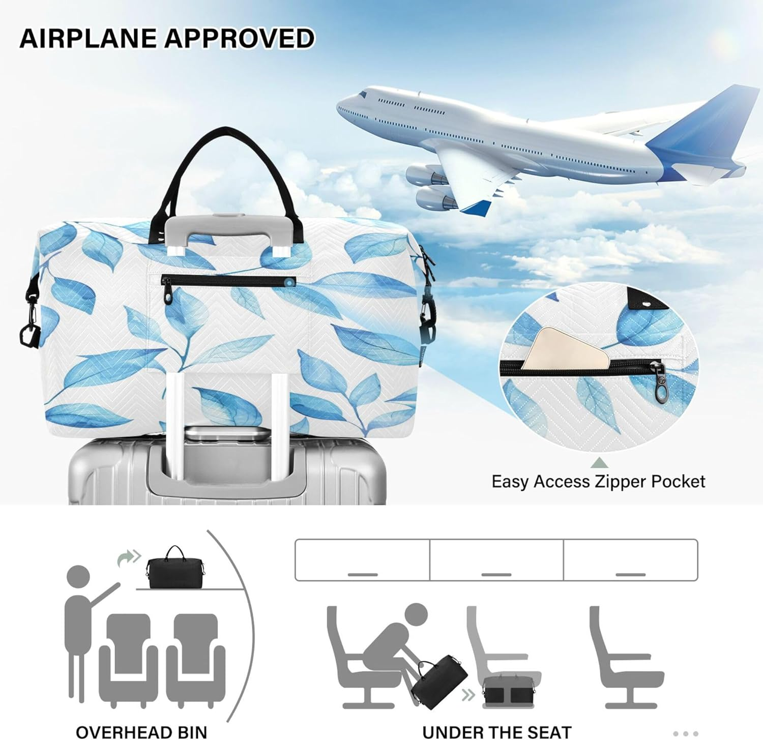 Overnight Travel Duffel Bag Travel Tote Gym Bag Carry on Tote Bag with Toiletry Bag for Gym Waterproof Watercolor Light Blue Leaves, Multi, 1 Size, Modern/Fitted, Multi, 1 Size, Modern/Fitted image number 5