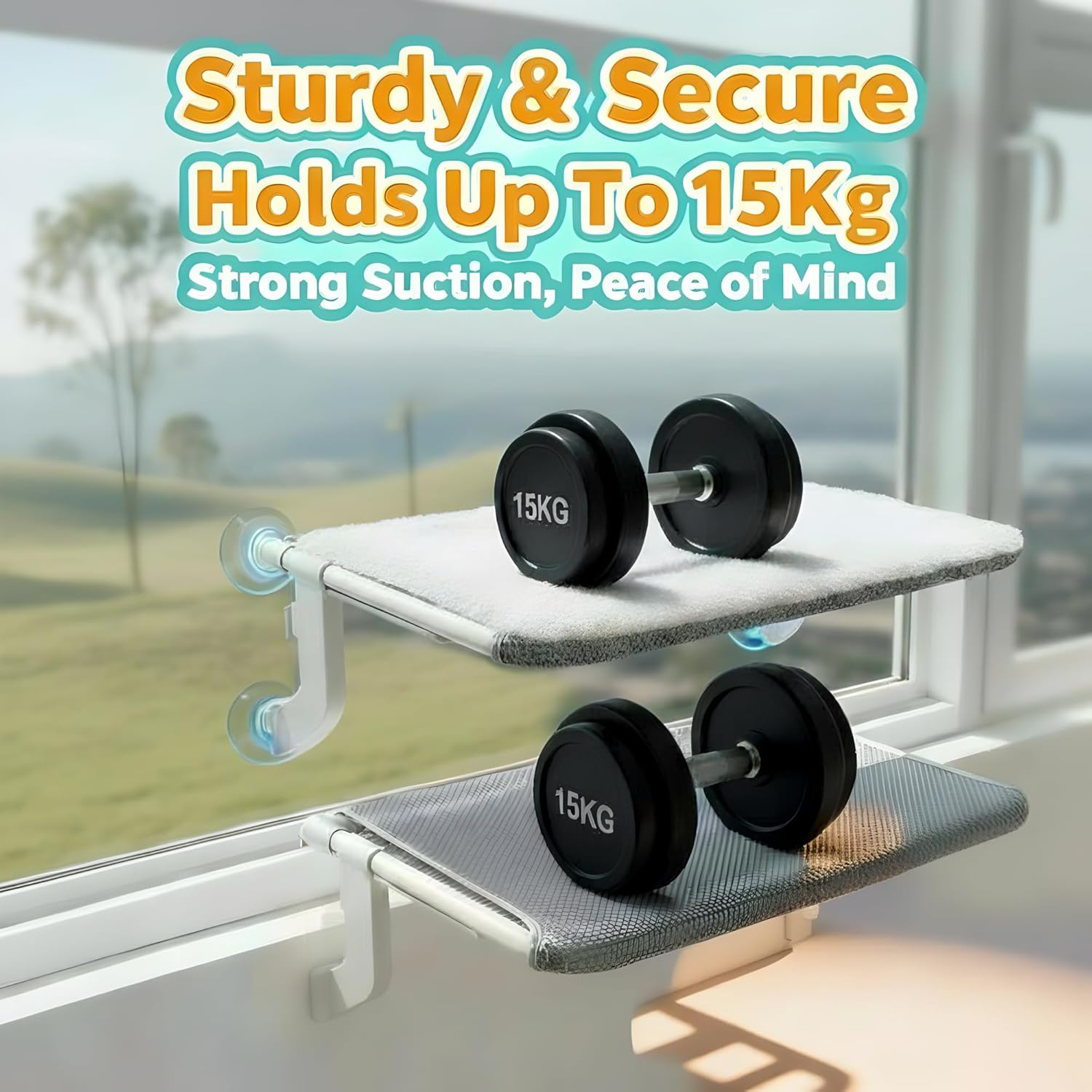 Cat Window Perch with 4 Suction Cups & Hooks, 2-In-1 Hammock Bed for Cats &ndash; Sliding Clamp Adjustment, Washable Dual-Sided Pad, No-Scratch Rustproof Tube, Holds 15KG (Fits Windowsill/Bedside) image number 4