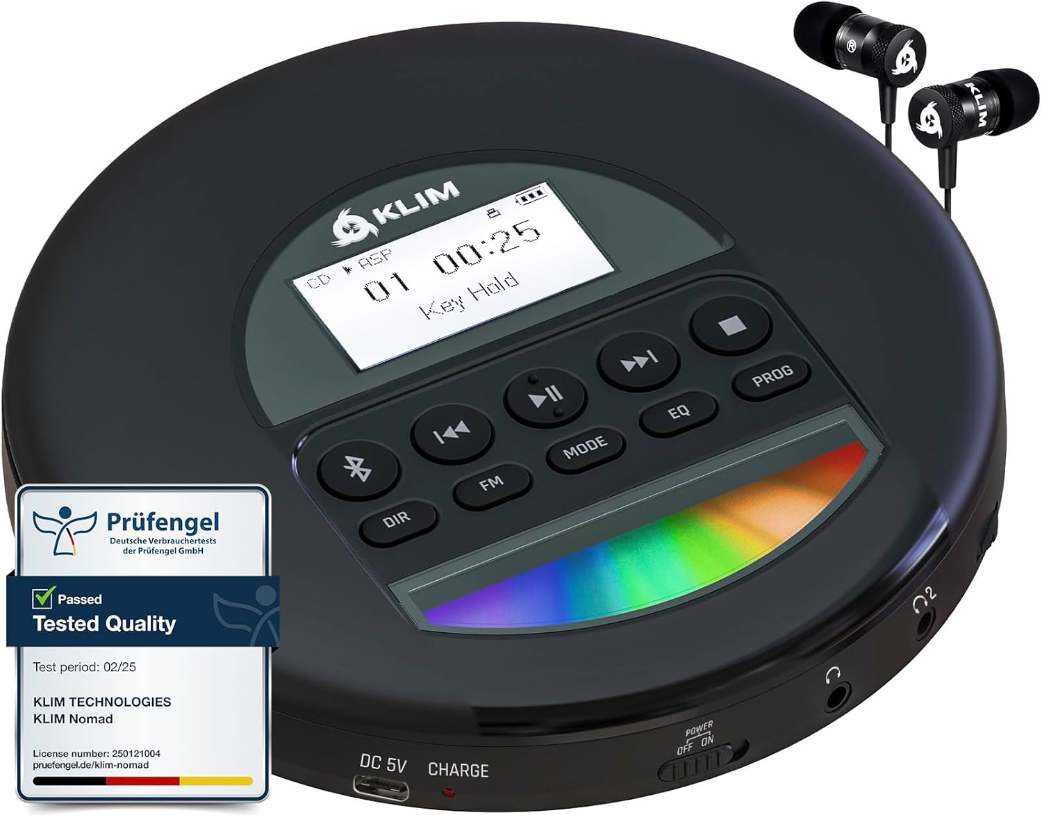 KLIM Nomad - New - Portable CD Player Walkman with Long-Lasting Battery - with Headphones - Radio FM - Compatible MP3 CD Player Portable - TF Card Radio FM Bluetooth - Ideal for Cars - Black