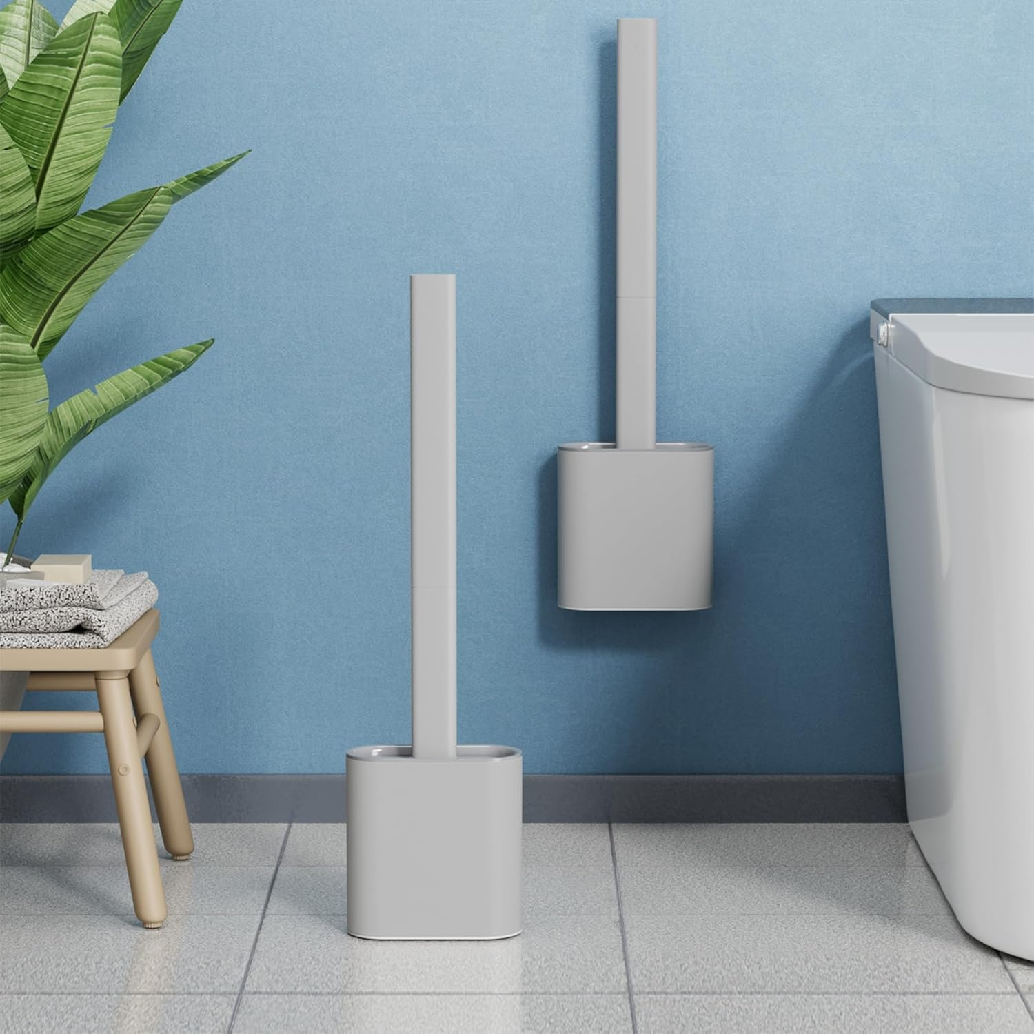 Toilet Brush and Holder Set, Silicone Toilet Brush with TPR Bristles, Wall Mounted and Standing, Pearl Grey Toilet Brush, for Bathroom (1Pc Pearl Grey) image number 6