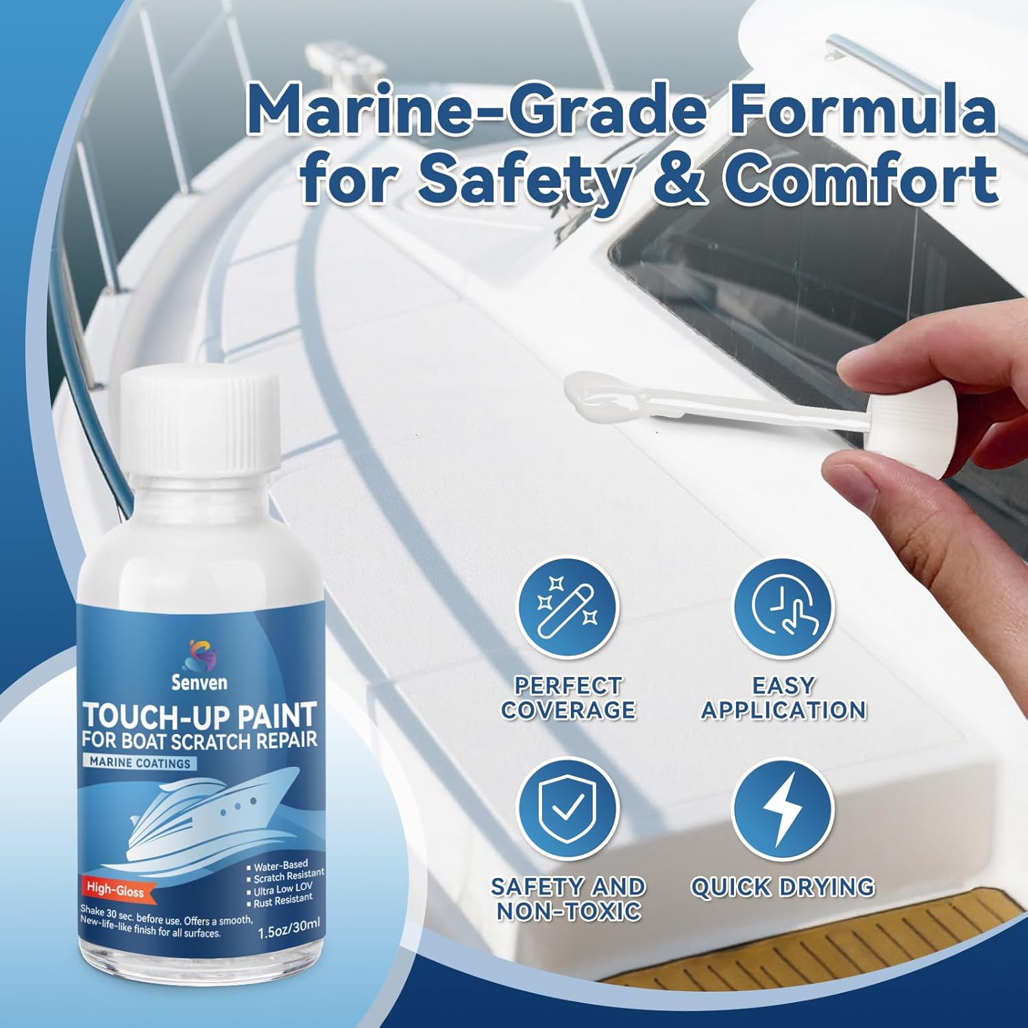 Boat Paint White Touch up Pen High-Gloss Boat Scratch Repair Marine Topside Wet Edge Bottom Enamel Marine Repair for Boats, Wood, Fiberglass, Aluminum, Metals Water-Based 30Ml image number 1