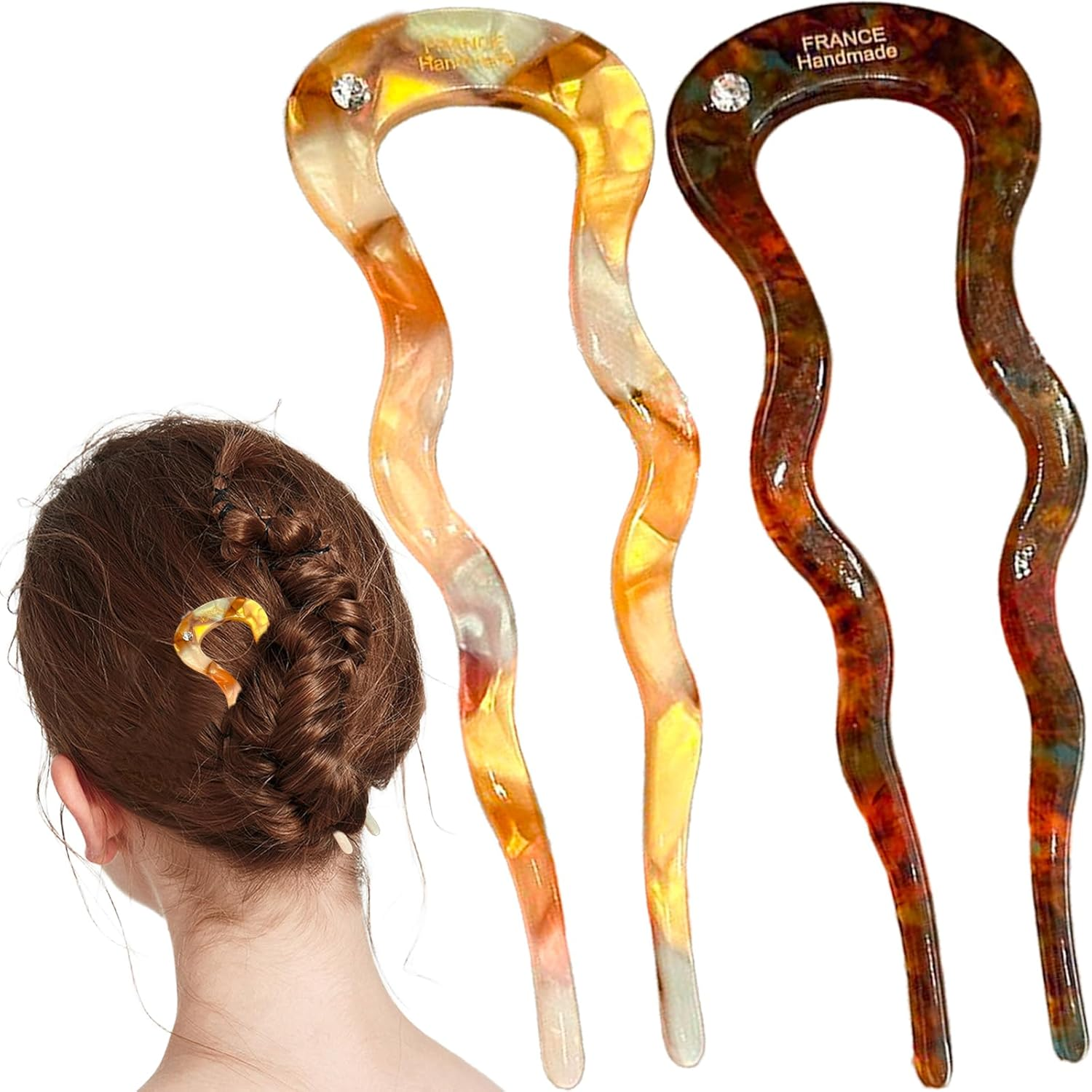 2Pcs French Rhinestone Hair Pins, U Shaped French Pin Rhinestone Style Hair Sticks Clip French Twist Hair Pin for Women Girls Thick Long Hair, Orange & Brown image number 6