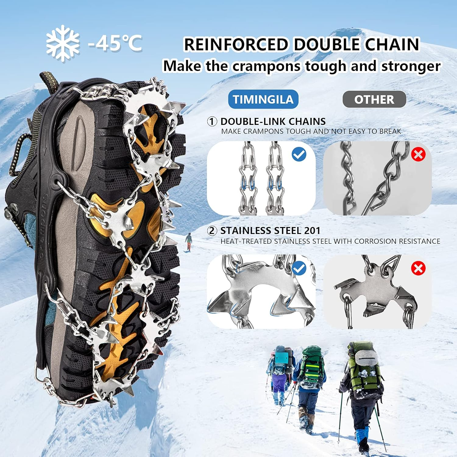 26 Spikes Crampons, TIMINGILA Ice Cleats Traction for Hiking Boots Shoes Women Men Kids, Traction Snow Grips for Hiking Fishing Walking Climbing Mountaineering image number 6