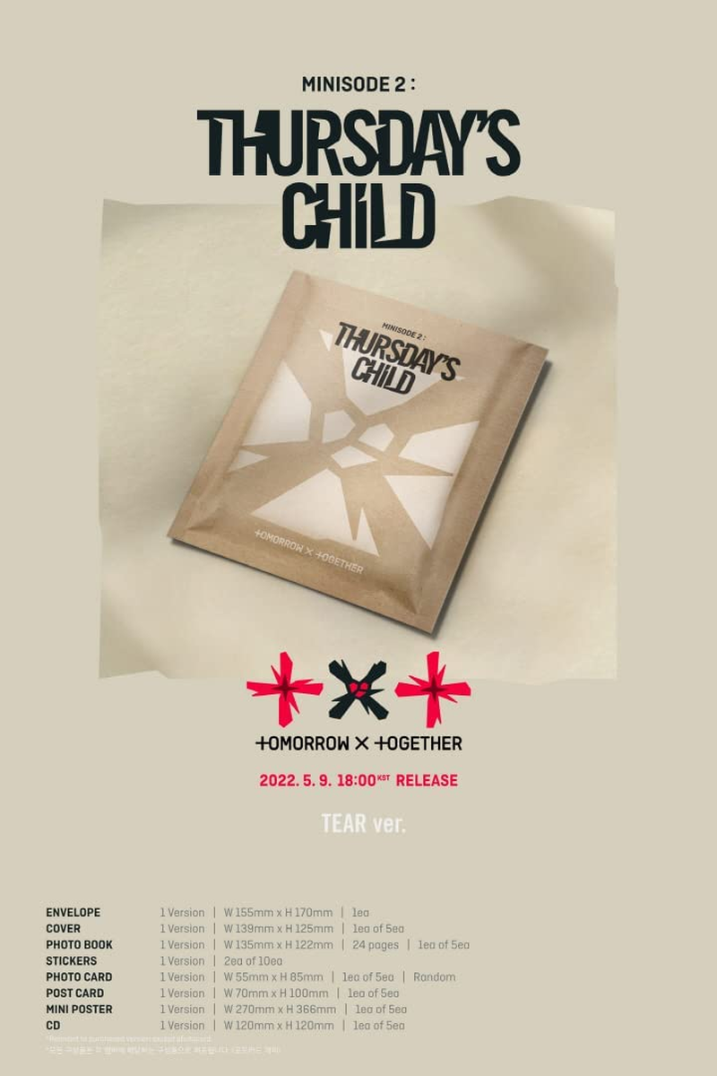 TXT Minisode 2 : Thursday'S Child 4Th Mini Album Tear Version Random Cover Cd+24P Photobook+2Ea Sticker+1P Photocard+1P Postcard+1P Mini Poste on Pack+Tracking Sealed