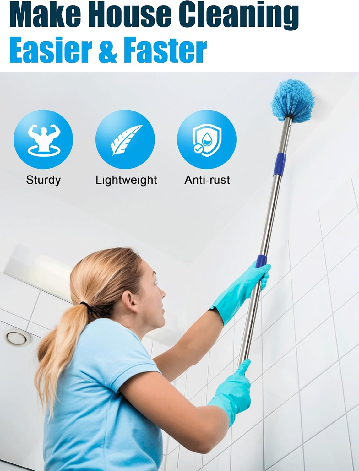 Cobweb Duster with Extension Pole, 10 Ft Spider Web Brush for Outdoor House Cleaning, Cob Web Remover for High Ceilings Fans, Medium-Stiff Bristles Head, Adjustable Long Handle, Lightweight Cleaner image number 2