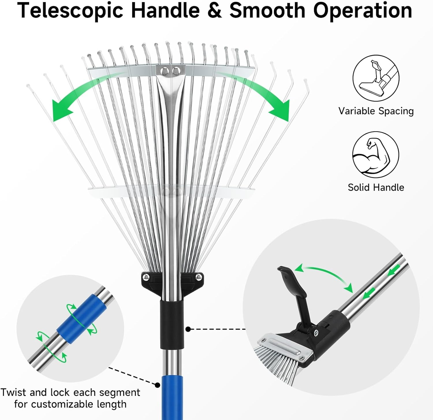 KOMCLUB Metal Rake 68&rdquo; ,Garden Expandable Leaf Rake with Adjustable Handle, Adjustable Head, Thatch Rake Leaf Collector, Rakes for Garden Lawn Yard Flower Bed Cleaning image number 1