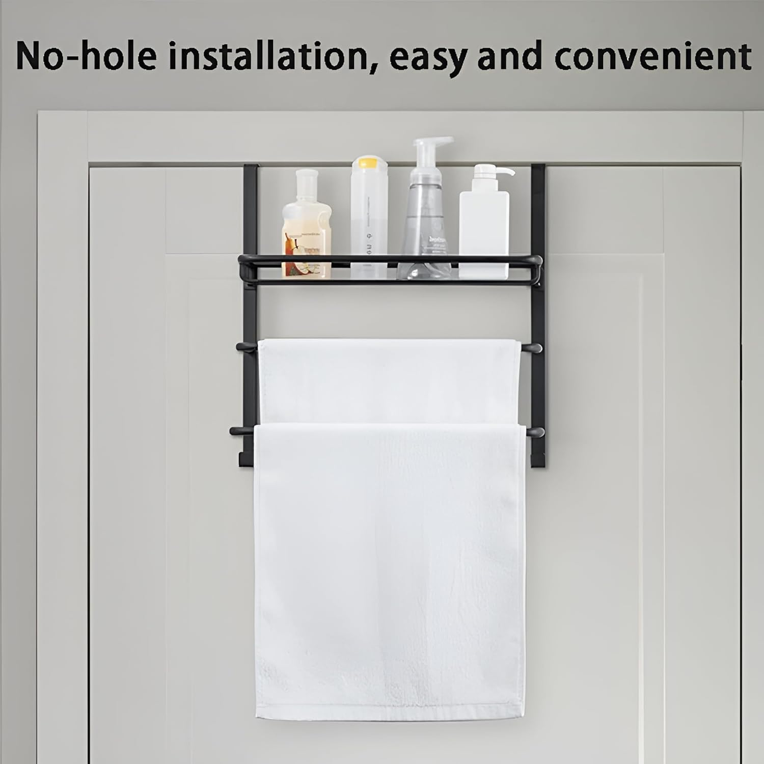 3-Tier Door Towel Rack,Large Capacity Organizer,Behind Door Towel Bar,Punch Free Pylons,Bathroom Storage Shelves,Wall Mount Towel Holder,For Shower Room image number 6