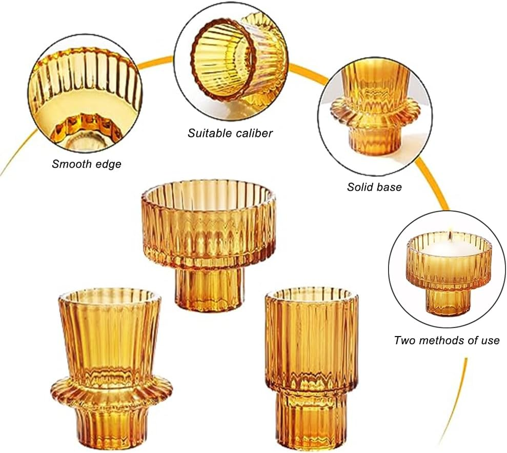 Taper Amber Glass Candle Holder 3Pcs for Pillar Candles, Tealight Candles Holders, Candlestick Holders for Wedding, Festival, Dinning&Party (3PCS, Amber) image number 5