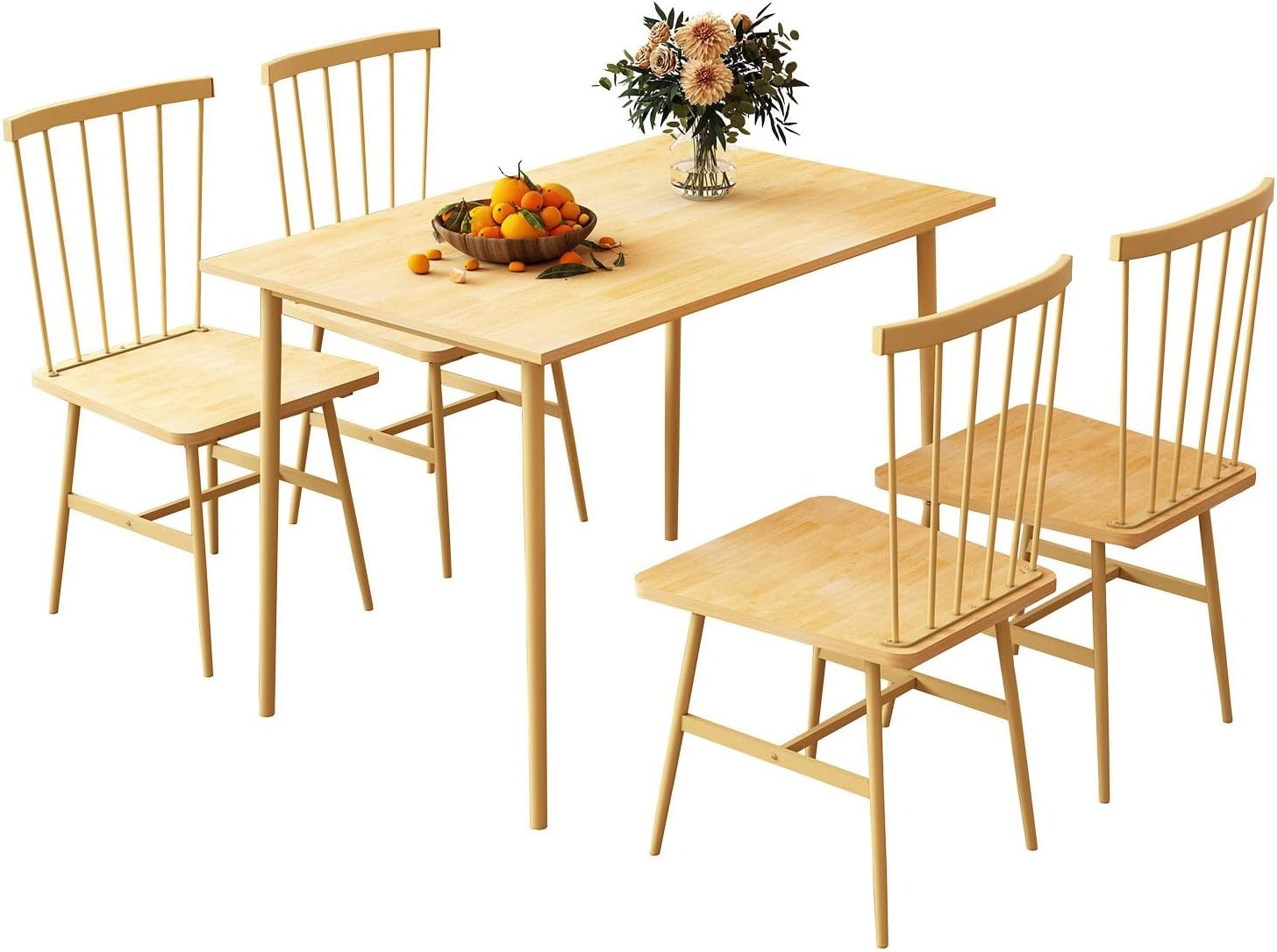 Luxsuite 5Pcs Dining Table & Chairs Set Mid Century Style Wooden Chairs Spindle Back Kitchen Dining Room Chairs Oak image number 2