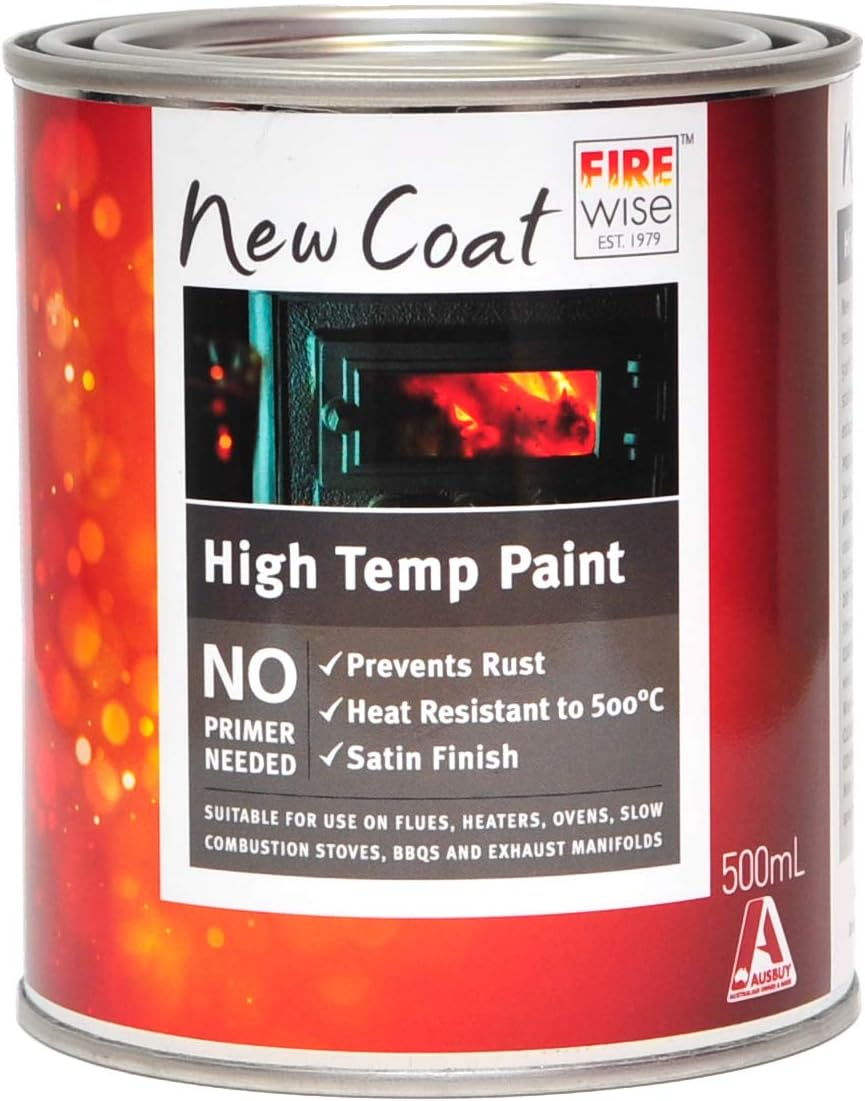 New Coat High Temp Paint 500Ml Restores That Black Satin Finish to Stoves, Flues and Bbqs Perfect for Heat-Exposed Metal That&rsquo;S Rusting or Needs a Fresh Coat