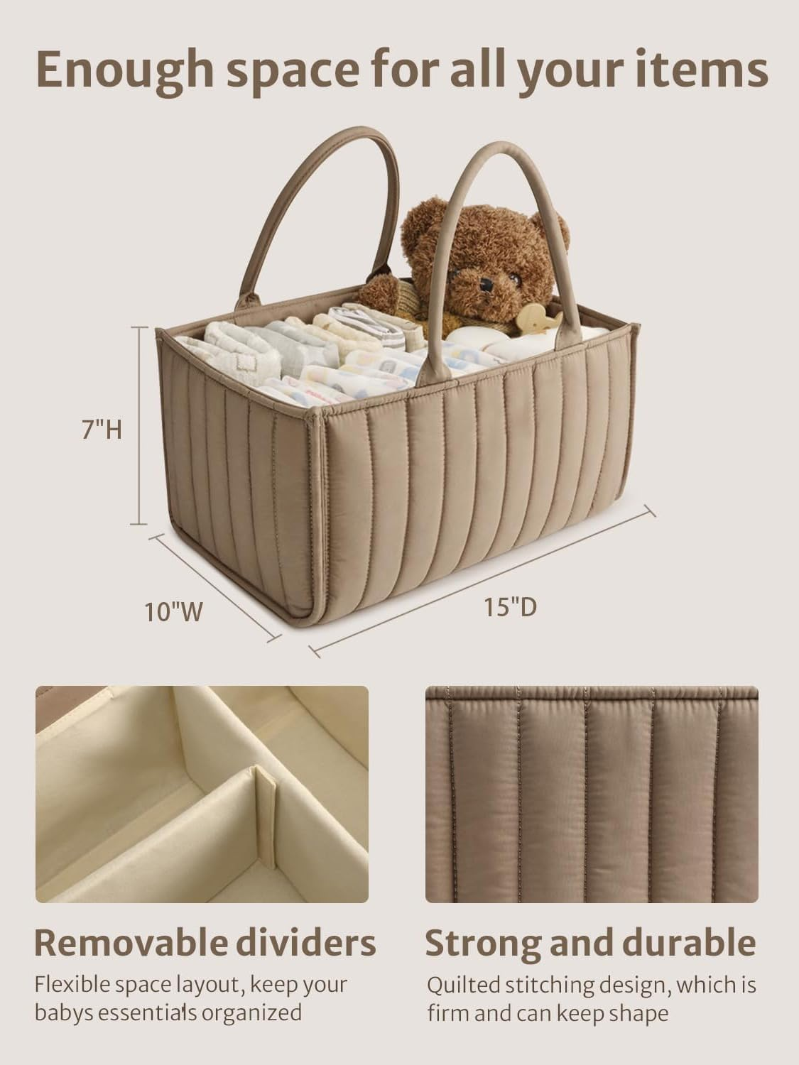 Diaper Caddy Organizer - Large Nappy Caddy Organizer for Baby Nursery, Car Storage Organizer, Baby Gift Basket, Changing Table Organizer, Portable Baby Caddy Organiser (Khaki, with Bib) - Khaki image number 2
