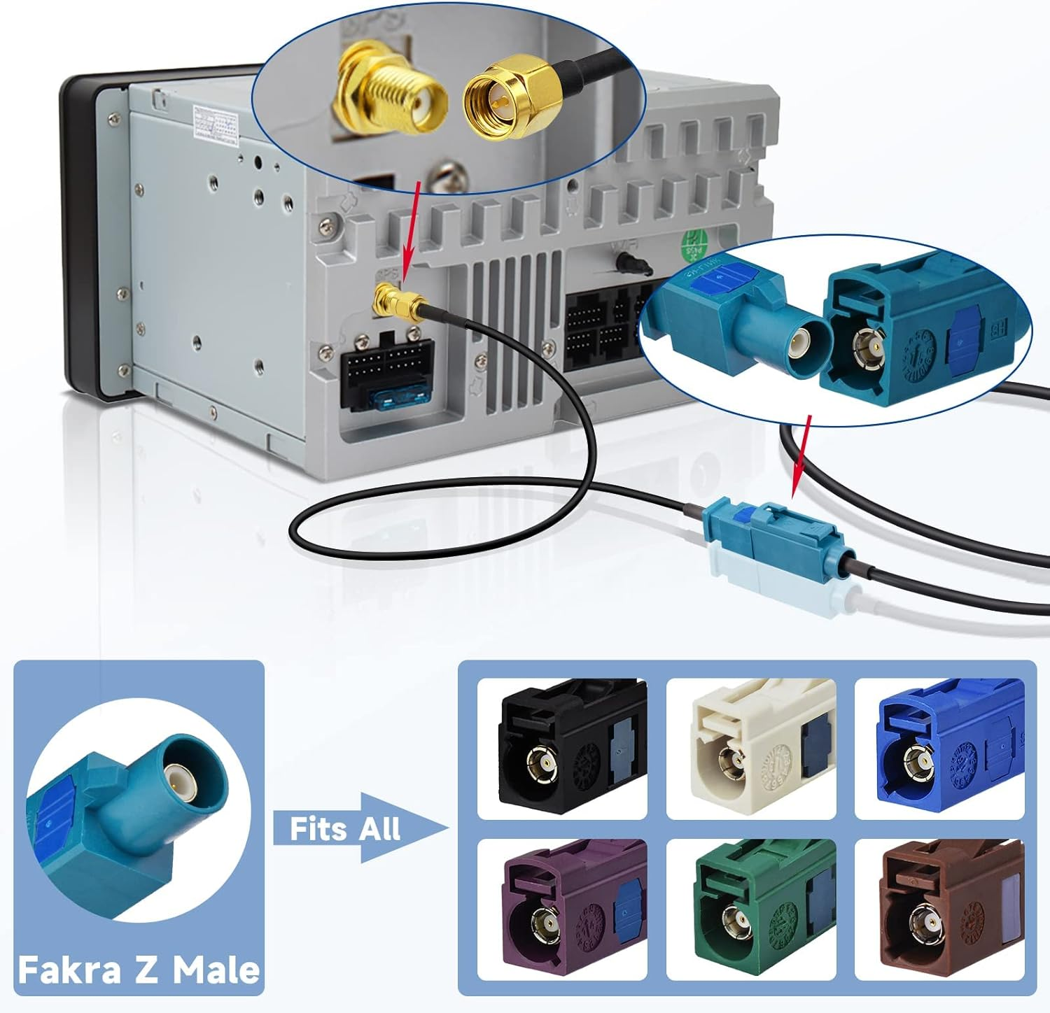 Bingfu Fakra Z Male to SMA Male Vehicle Aerial Antenna Adapter Cable 30Cm for Car Stereo Android Head Unit GPS Navigation FM AM Radio Sirius XM Satellite Radio 4G LTE TEL Telematics Bluetooth Module - Blue image number 2