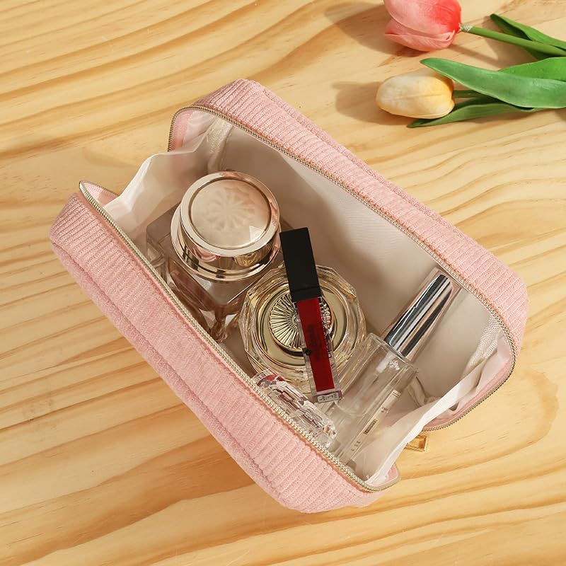 Corduroy Makeup Organizer, Cosmetic Travel Toiletry Set (2 Pieces in Pink and Beige) image number 6