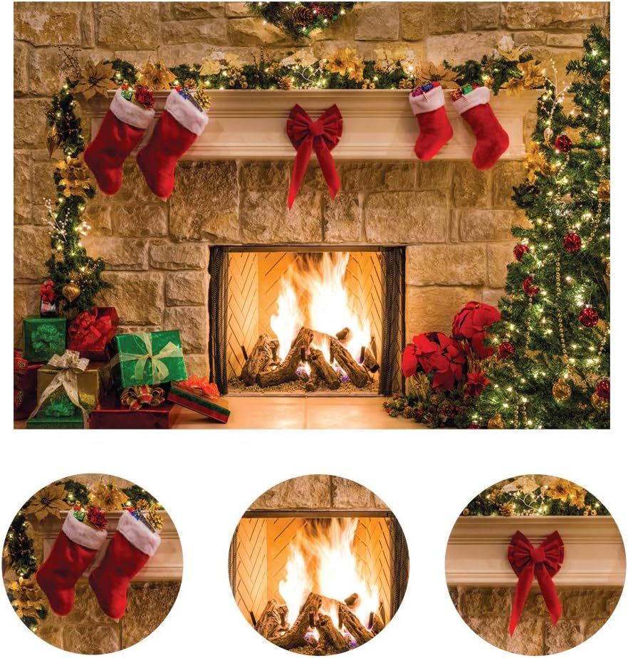 LYWYGG 8X8Ft Christmas Fireplace Backdrop Christmas Backdrop Christmas Trees Backdrop Christmas Dinner Backdrop Cloth Family Party Decorations Eve Fireplace Photography Background CP-282