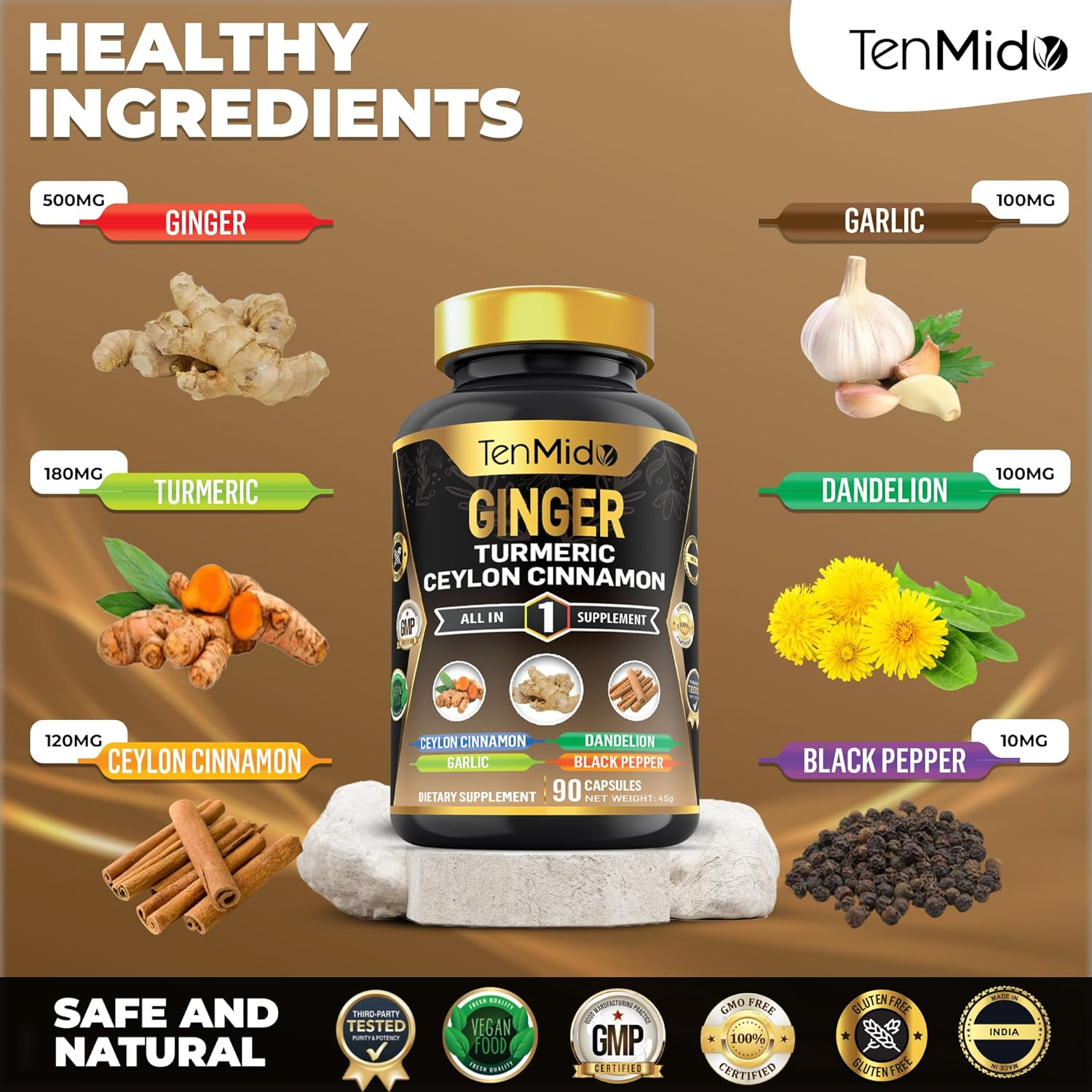 Tenmido Ginger & Turmeric Supplements - 6In1 with Ceylon Cinnamon, Garlic, Dandelion and Black Pepper - Digestive Health - 90 Vegan & Non-Gmo Capsules image number 3