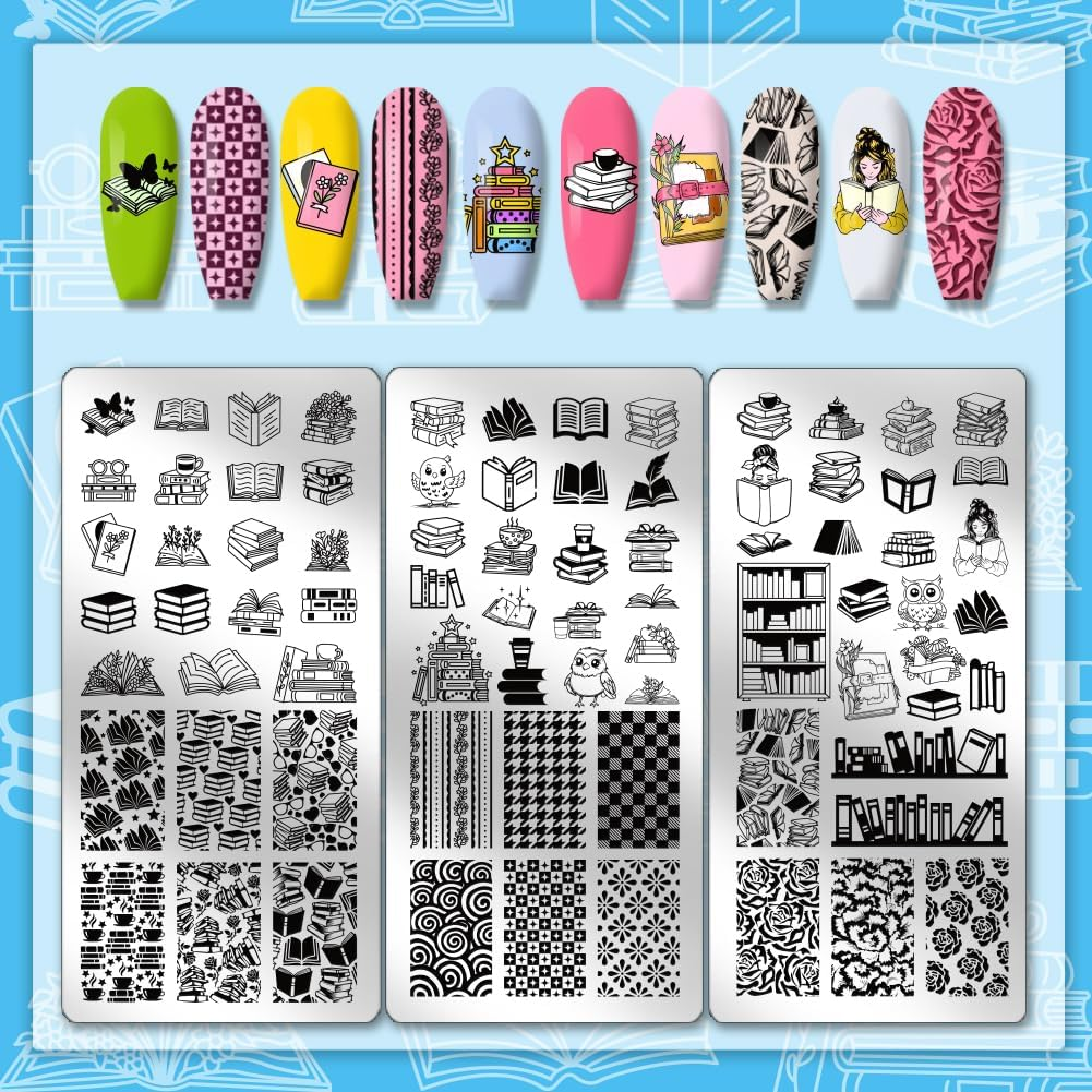 PH Pandahall 3Pcs Reading Book Nail Stamp Plate Book-Lover Theme Nail Art Templates Stainless Steel Image Plates Owl Flower Art Stencils for Back to School 4.7X2.3 Inch image number 5