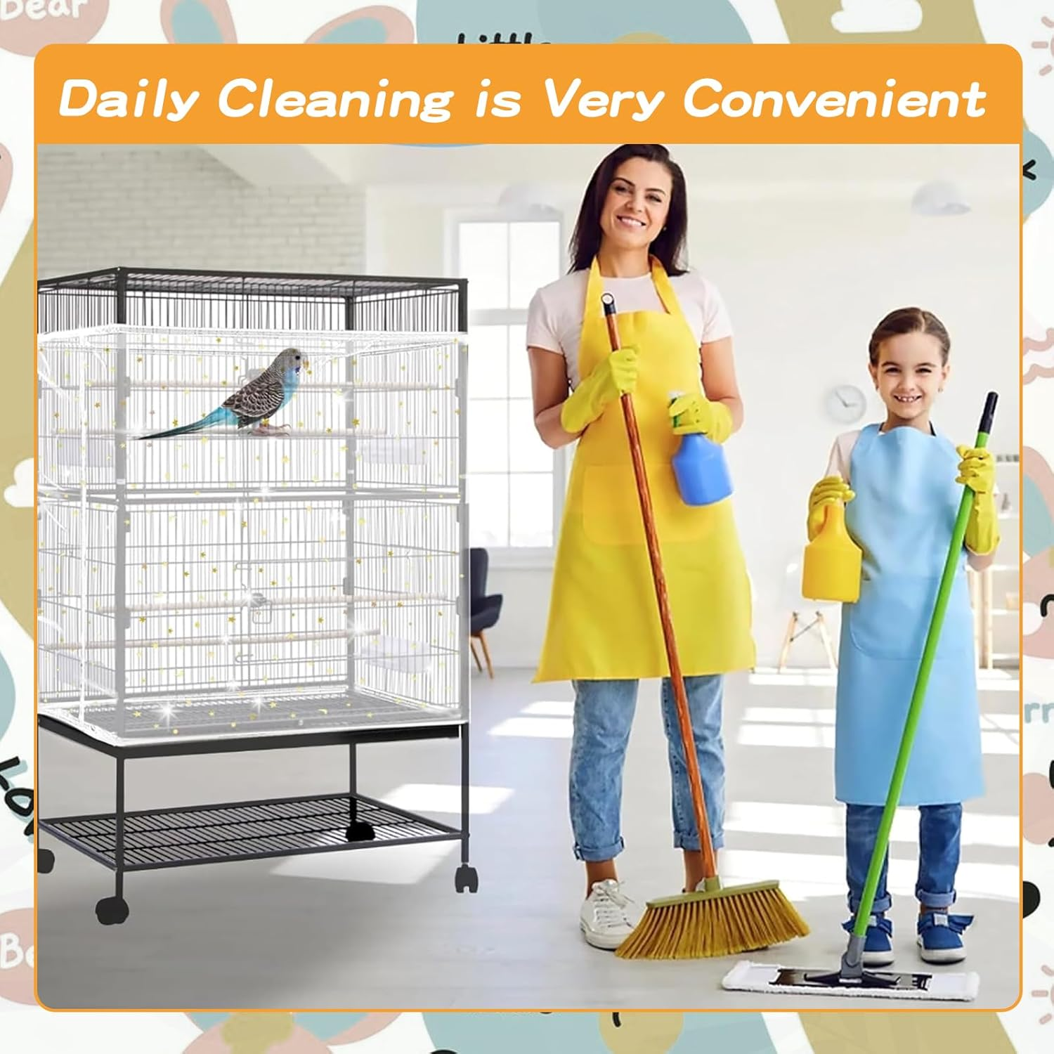 SUSOO Large Bird Cage Cover with Star Pattern Decoration- Bird Cage Seed Catcher with Adjustable Soft Nylon Mesh Net, Birdcage Cover Skirt Seed Guard for Cage Circumference 150Cm-220Cm/60&Prime;-86.6&Prime; image number 1