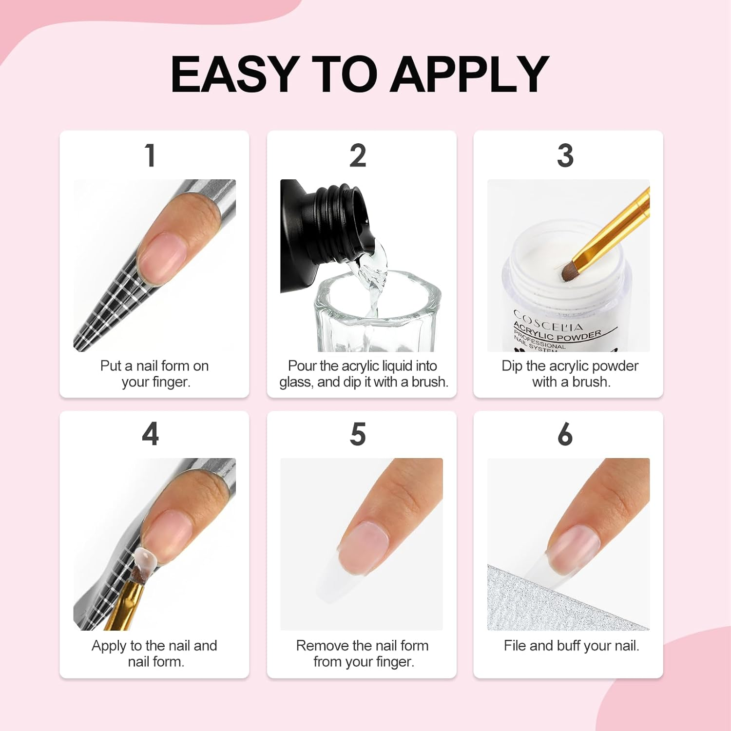 COSCELIA Acrylic Nail Kit 3 Colors Clear Pink White Acrylic Nail Powder for Beginners Professional Nail Brush Manicure Tools for Home Salon Nail Art Design image number 6