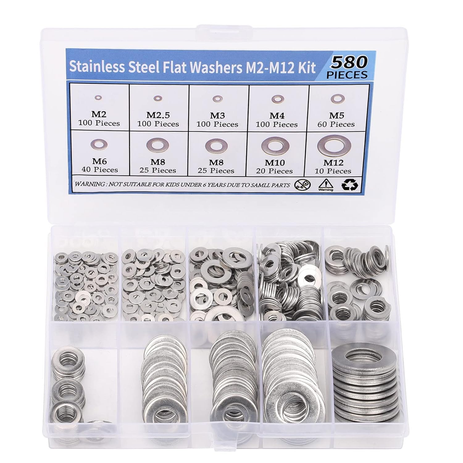 MEZOKUCEL 580PC 304 Stainless Steel Flat Washer, 9 Size Washers Assortment Kit (M2 M2.5 M3 M4 M5 M6 M8 M10 M12) for General Manufacturing, Maintenance and Repair (580PC) image number 3