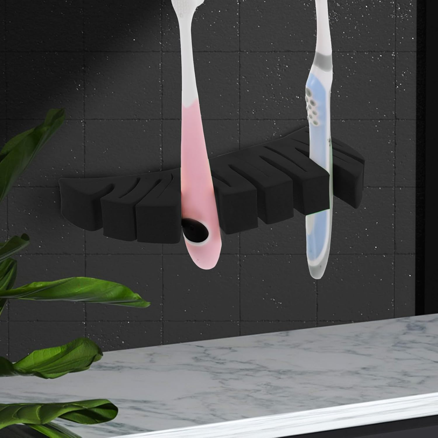 HEANUJJ Leaf Shaped Makeup Brush Storage Holder and Toothbrush Drying Rack Wall Mount Multipurpose Cosmetic Organizer for Vanity Space-Saving Black Stand image number 1