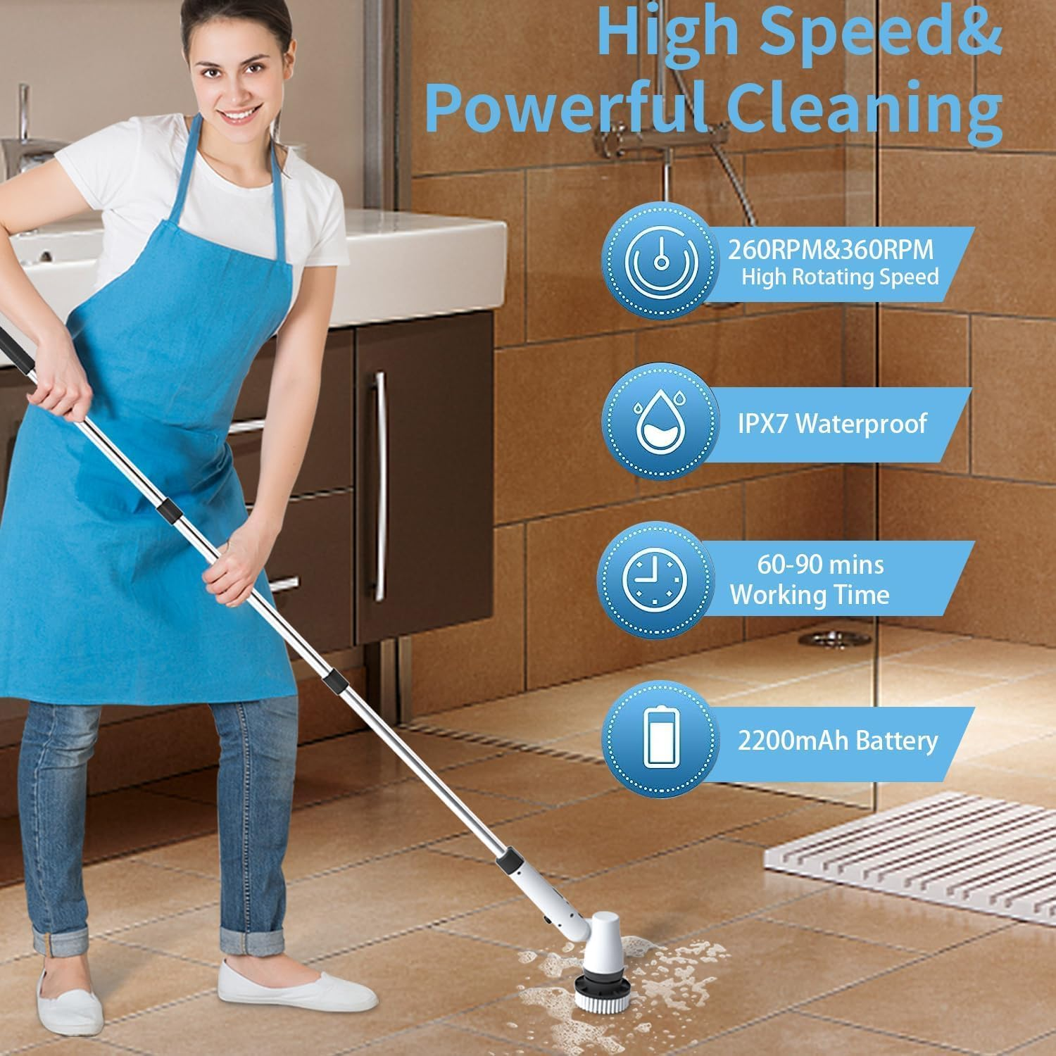 Cordless Electric Spin Scrubber,2025 New Shower Scrubber with 7 Replacement Brush Heads, Electric Cleaning Brush with Adjustable Extension Handle for Bathroom Floor Tile Tub (White)&hellip;