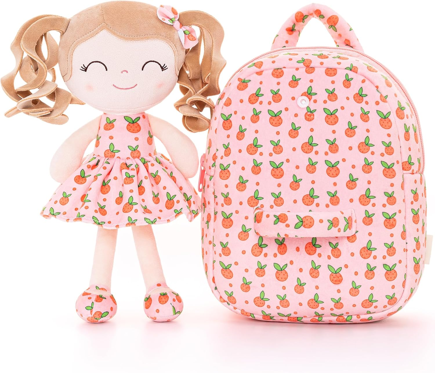 Gloveleya Toddler Backpack Baby Girl Gifts Curly Hair Plush Figures Dress Backpack Kids Backpack Curly Hair Spring Girl Fruit Section-Orange 9Inches - A005 Grapes Backpack image number 3