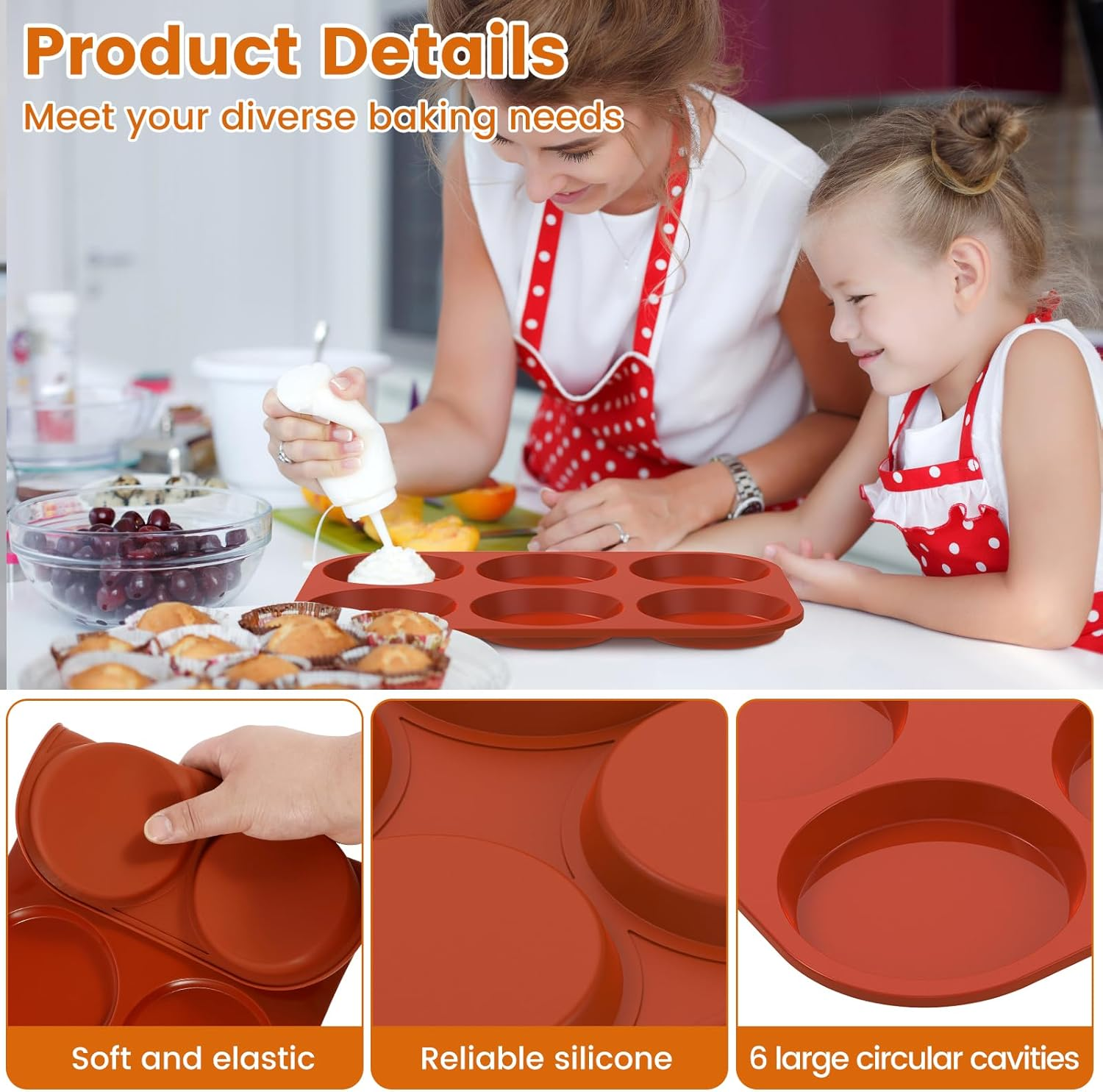 3 Pcs Silicone Muffin Top Pans/Egg Molds for Baking Non-Stick 4" Jumbo round Silicone Mold for Hamburger Bun, Muffin Top, Eggs, 6 Cavities Whoopie Pie Pan for Breakfast Egg Sandwich Pie Shortbread image number 3