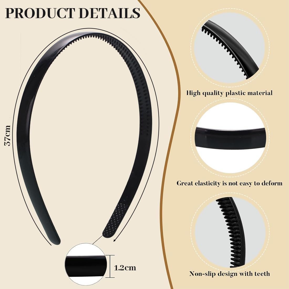 Pack of 6 Hair Bands, Black Plastic Headbands, Non-Slip Headband with Non-Slip Teeth for Men and Women, Plain Headbands image number 1